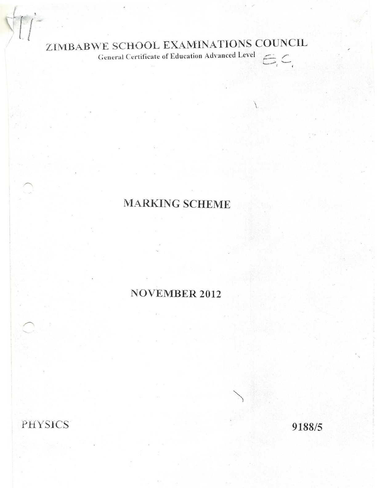First page of ZIMSEC A-Level Physics Paper 5 November 2012 Marking Scheme