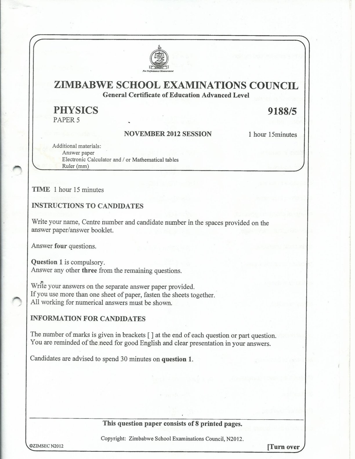 First page of ZIMSEC A-Level Physics Paper 5 November 2012 Question Paper