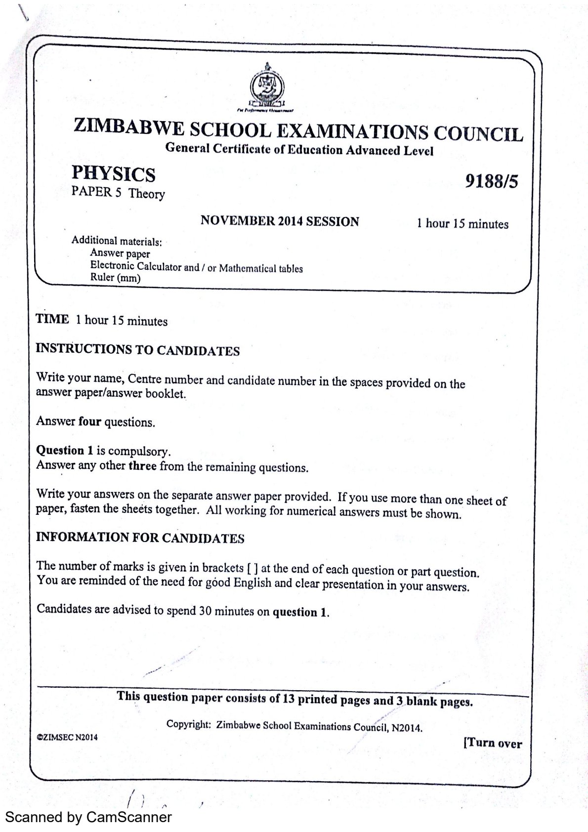 First page of ZIMSEC A-Level Physics Paper 5 November 2014 Question Paper
