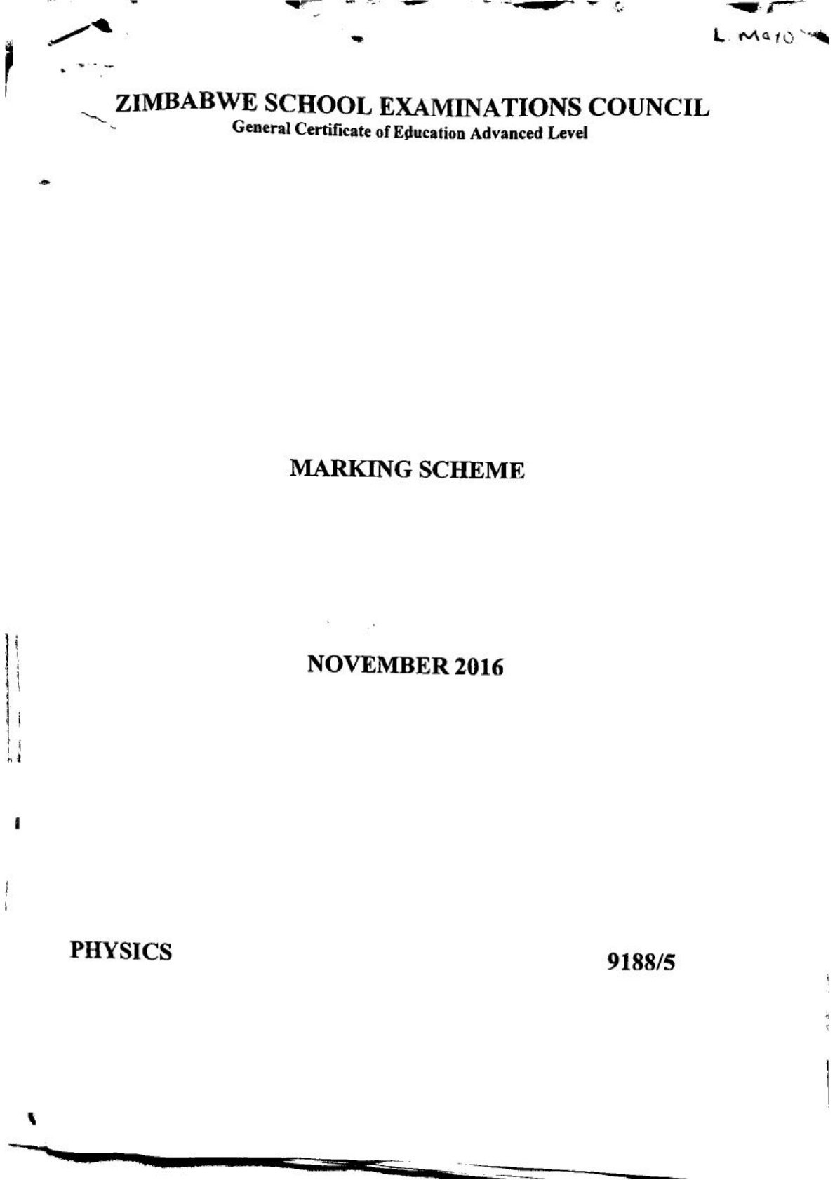 First page of ZIMSEC A-Level Physics Paper 5 November 2016 Marking Scheme