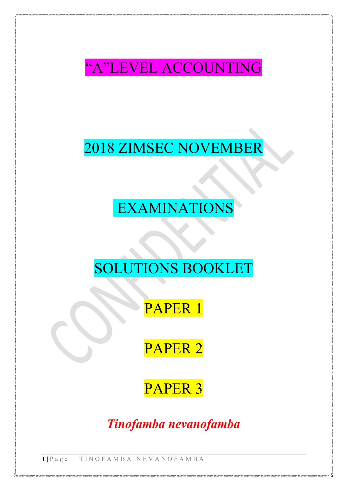 First page of ZIMSEC A-Level Principles of Accounts November 2018 Marking Scheme