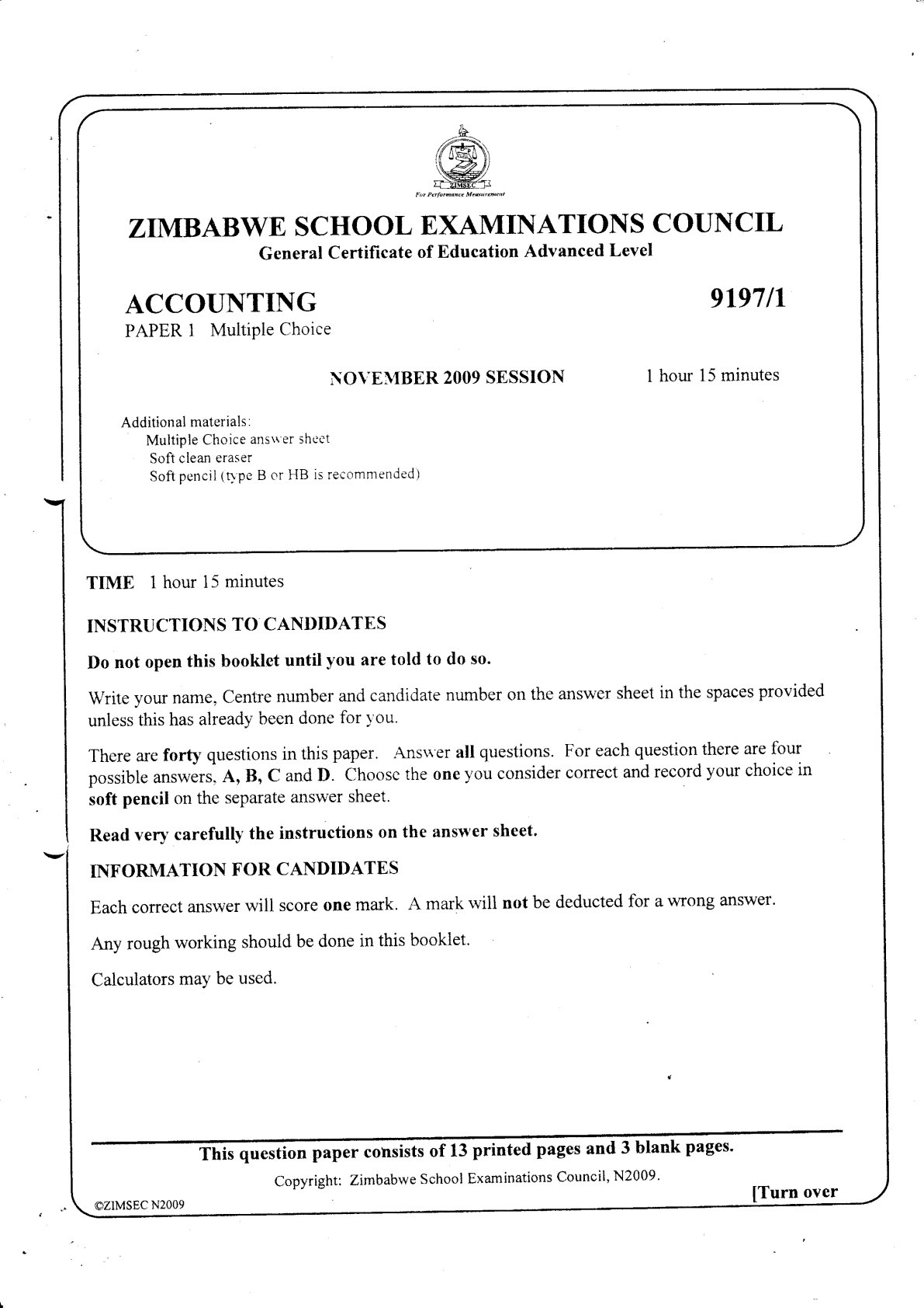 First page of ZIMSEC A-Level Principles of Accounts Paper 1 November 2009 Question Paper