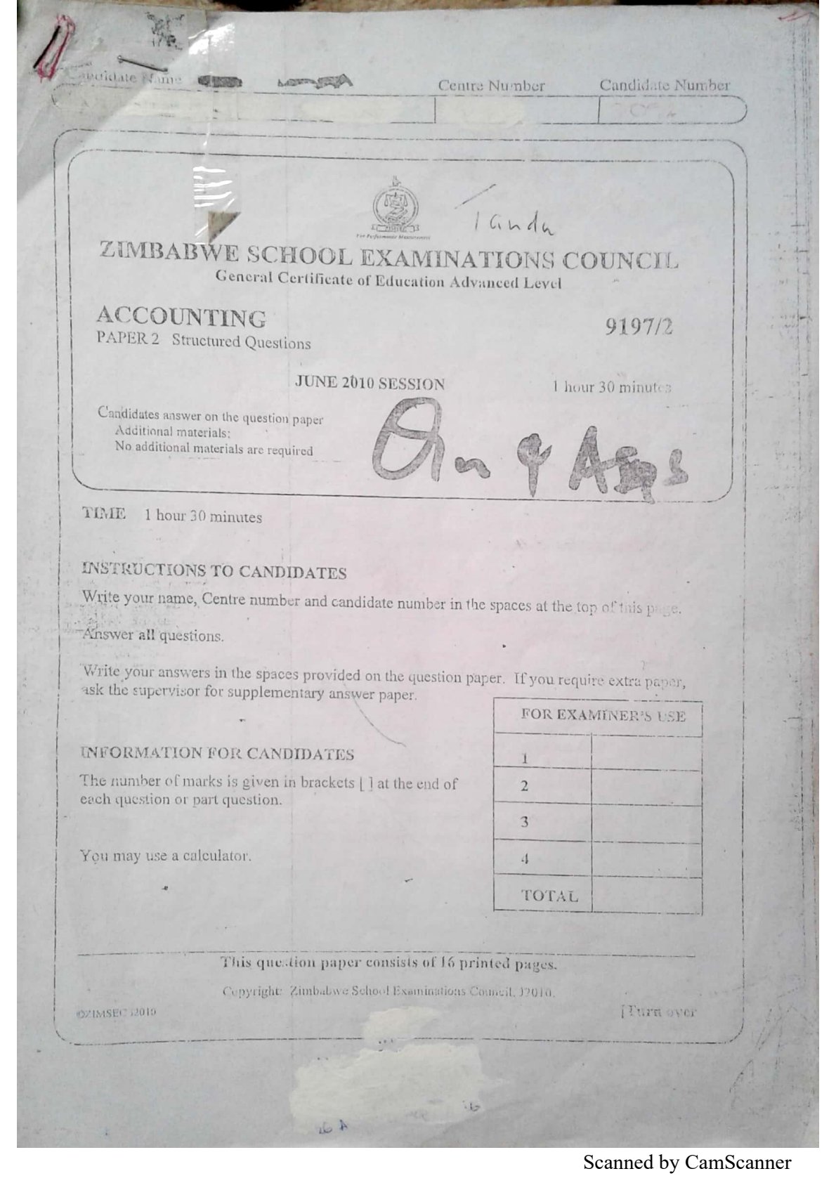 First page of ZIMSEC A-Level Principles of Accounts Paper 2 June 2010 Question Paper