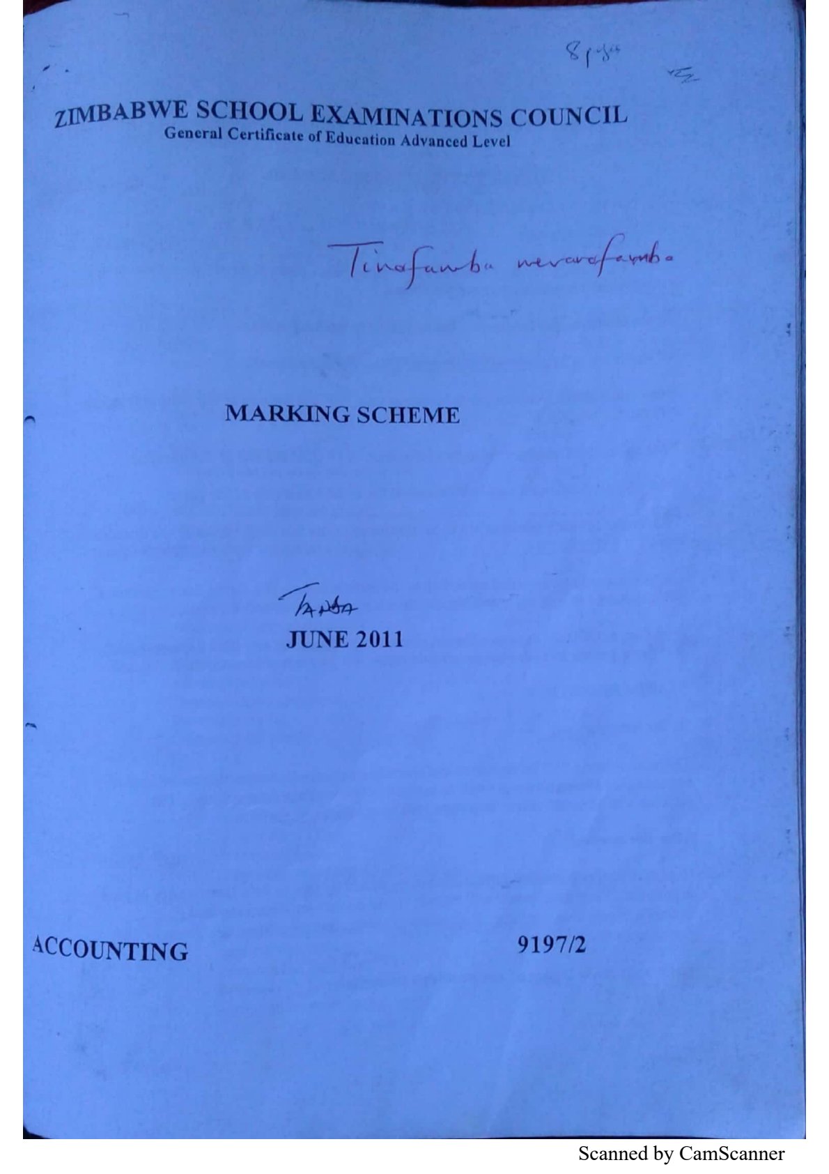 First page of ZIMSEC A-Level Principles of Accounts Paper 2 June 2011 Marking Scheme