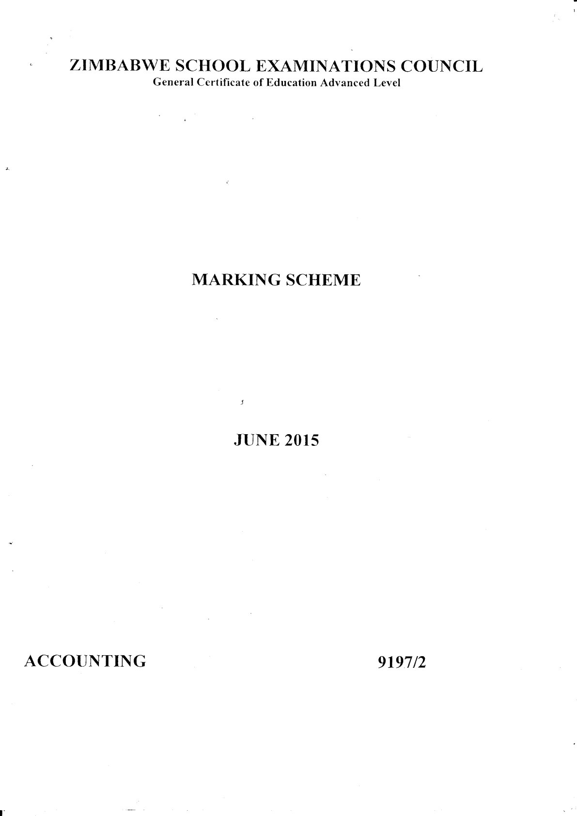 First page of ZIMSEC A-Level Principles of Accounts Paper 2 June 2015 Marking Scheme