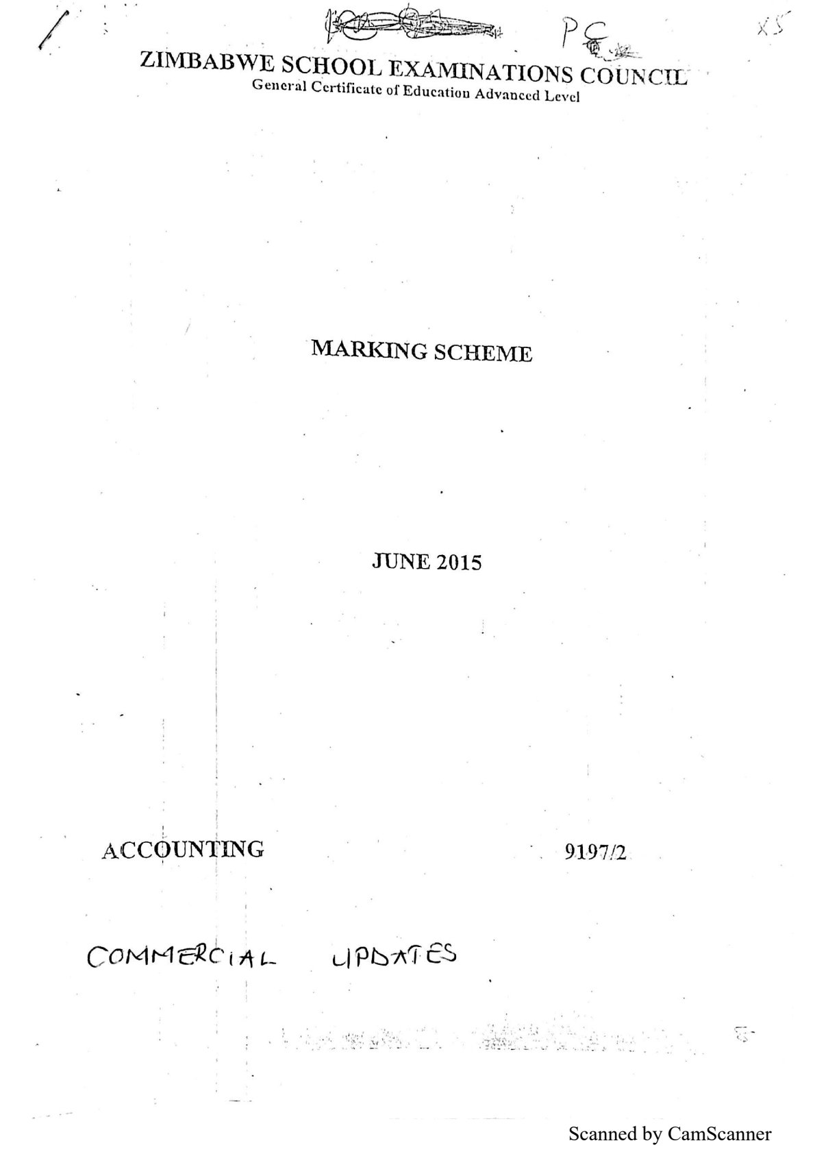 First page of ZIMSEC A-Level Principles of Accounts Paper 2 June 2015 Marking Scheme