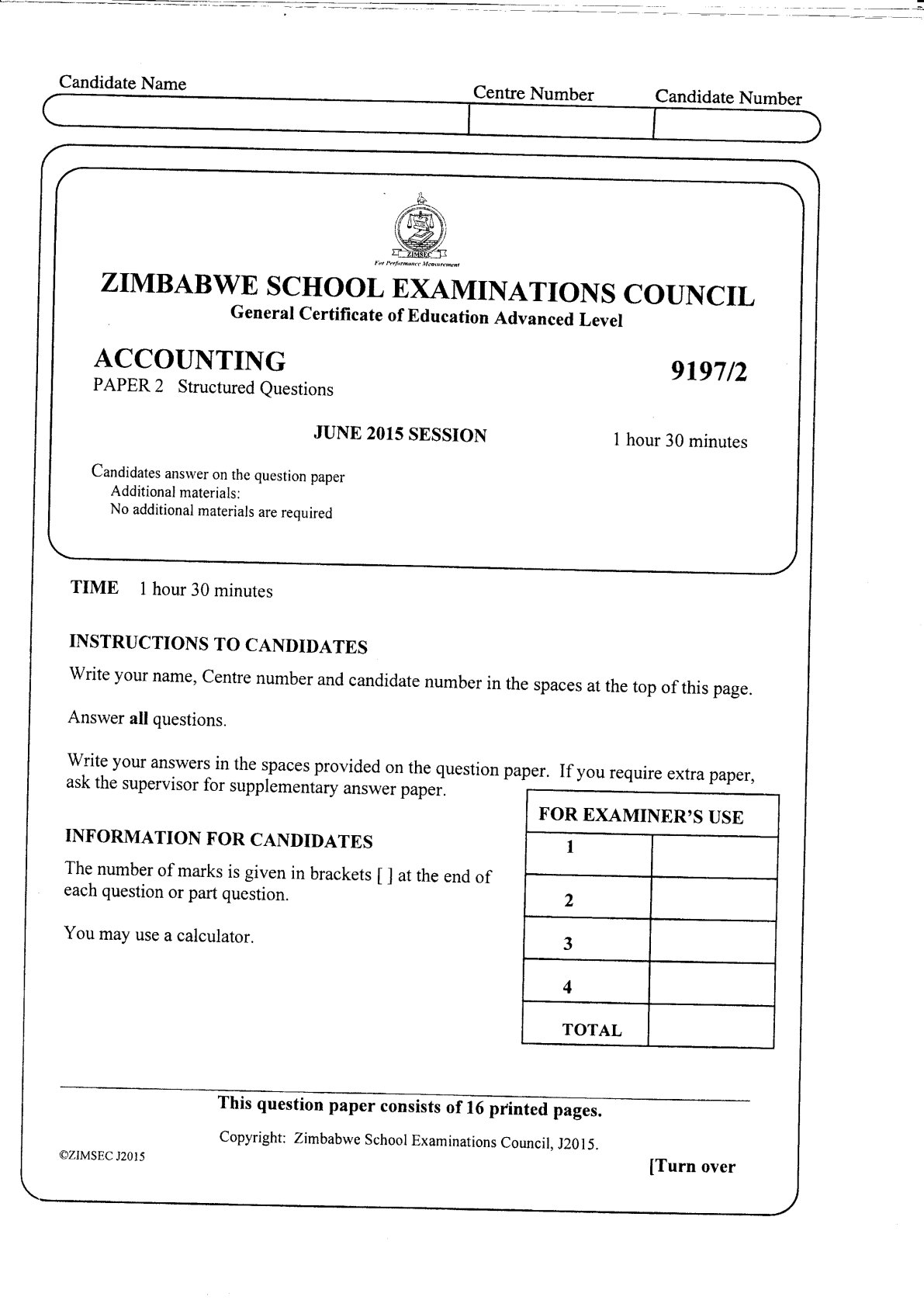First page of ZIMSEC A-Level Principles of Accounts Paper 2 June 2015 Question Paper