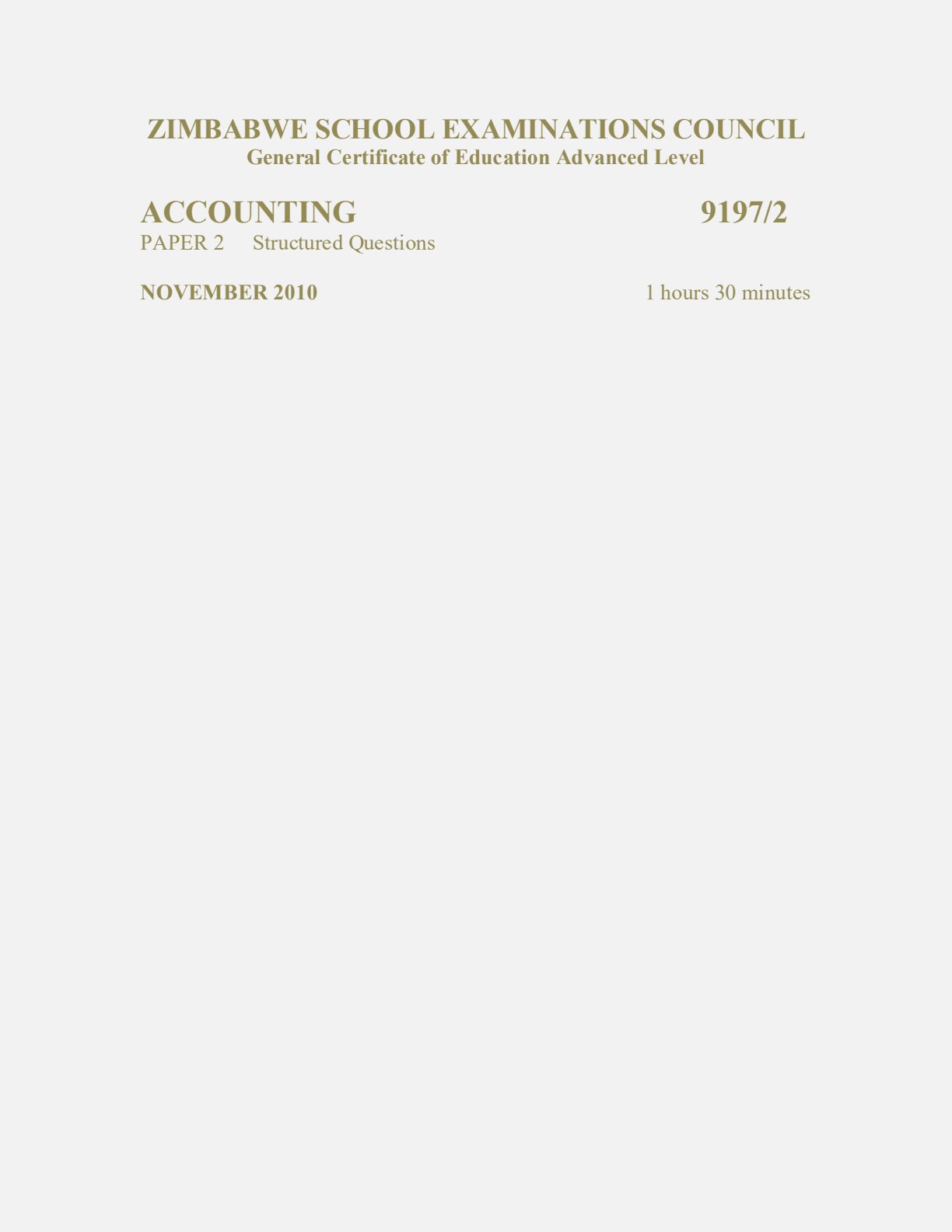 First page of ZIMSEC A-Level Principles of Accounts Paper 2 November 2010 Question Paper