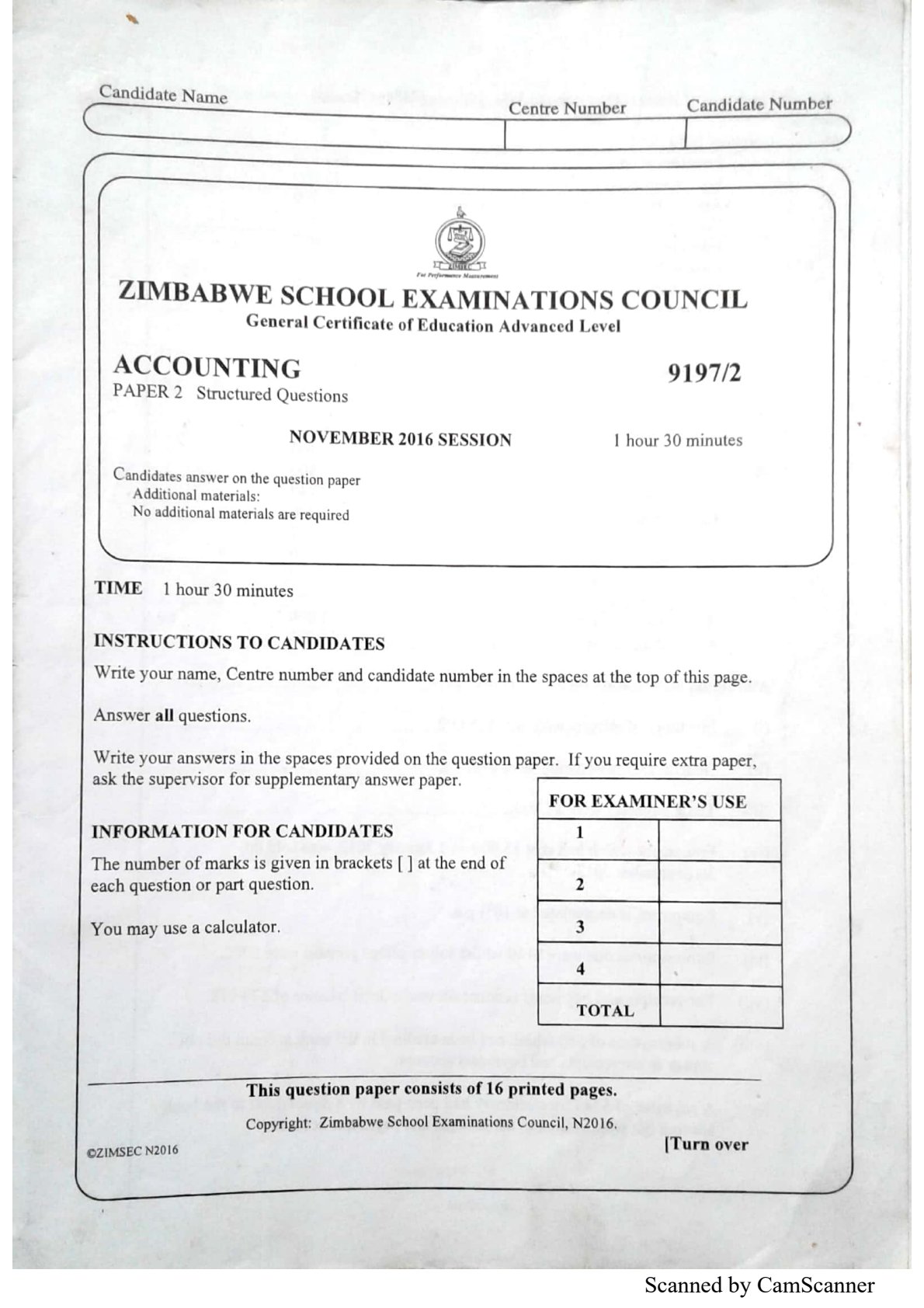 First page of ZIMSEC A-Level Principles of Accounts Paper 2 November 2016 Question Paper
