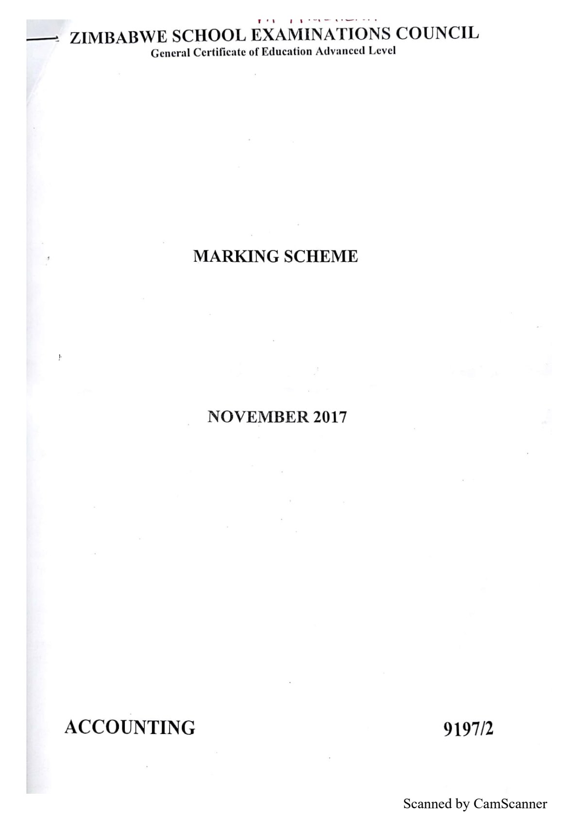 First page of ZIMSEC A-Level Principles of Accounts Paper 2 November 2017 Marking Scheme