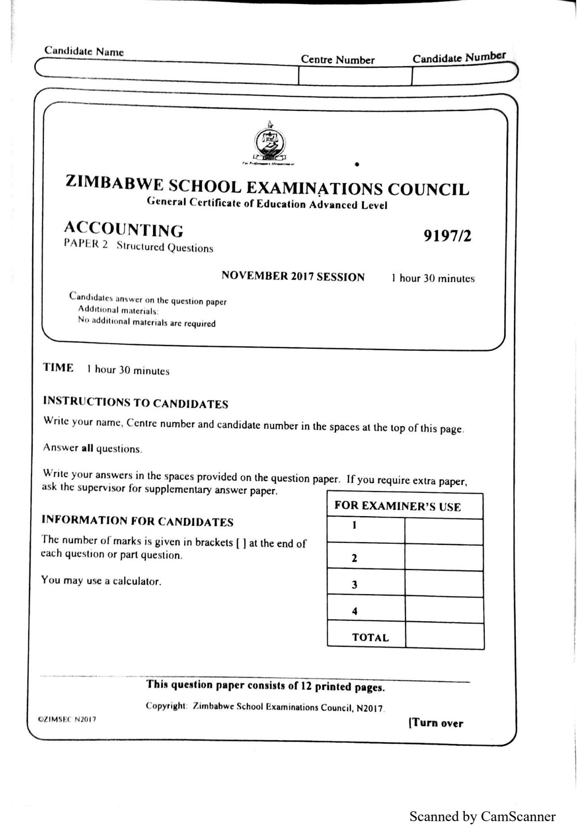 First page of ZIMSEC A-Level Principles of Accounts Paper 2 November 2017 Question Paper