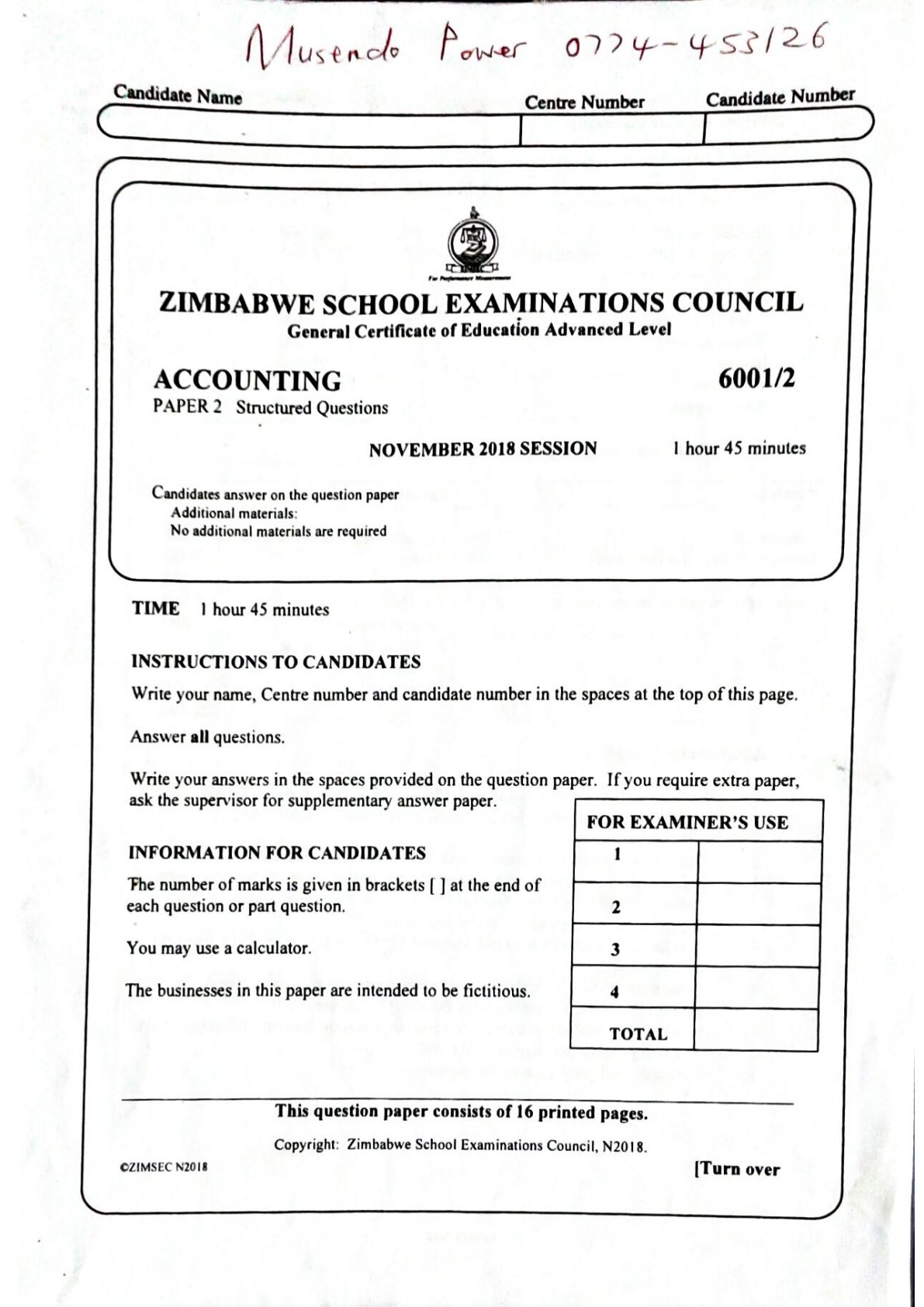 First page of ZIMSEC A-Level Principles of Accounts Paper 2 November 2018 Question Paper