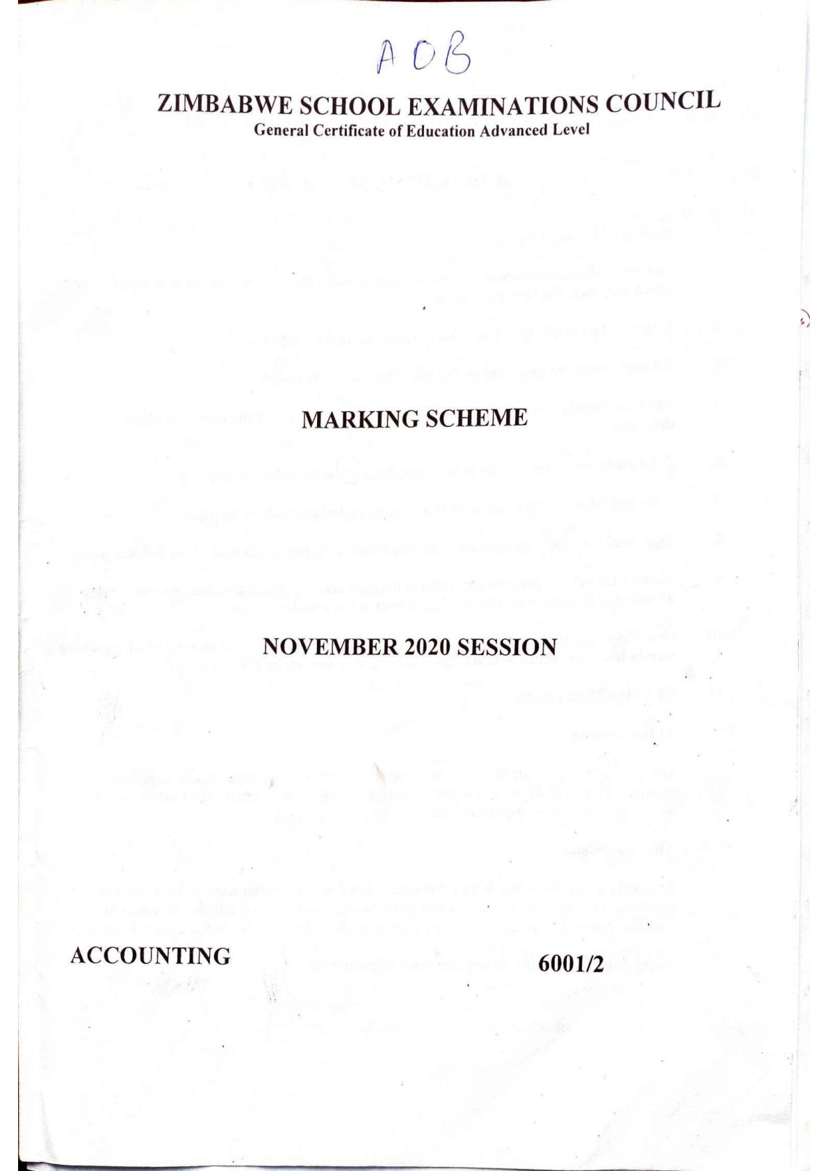 First page of ZIMSEC A-Level Principles of Accounts Paper 2 November 2020 Marking Scheme