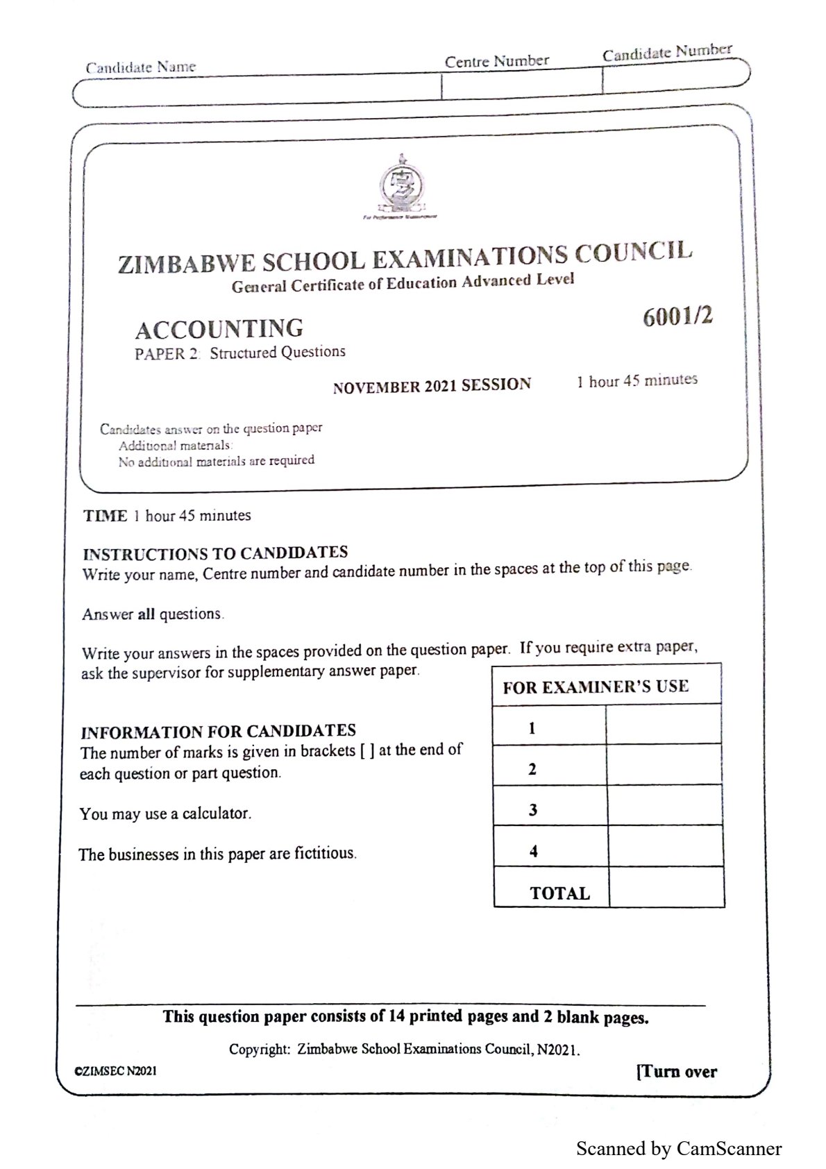 First page of ZIMSEC A-Level Principles of Accounts Paper 2 November 2021 Question Paper