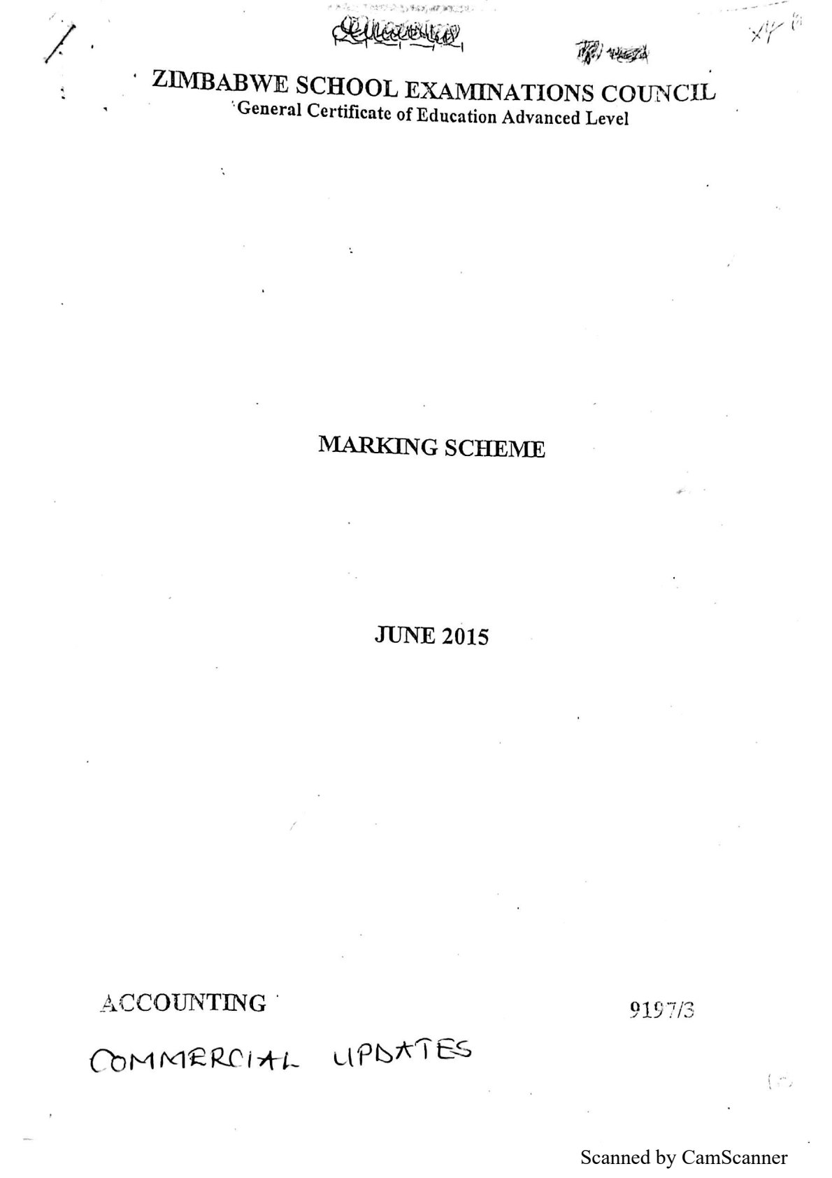 First page of ZIMSEC A-Level Principles of Accounts Paper 3 June 2015 Marking Scheme