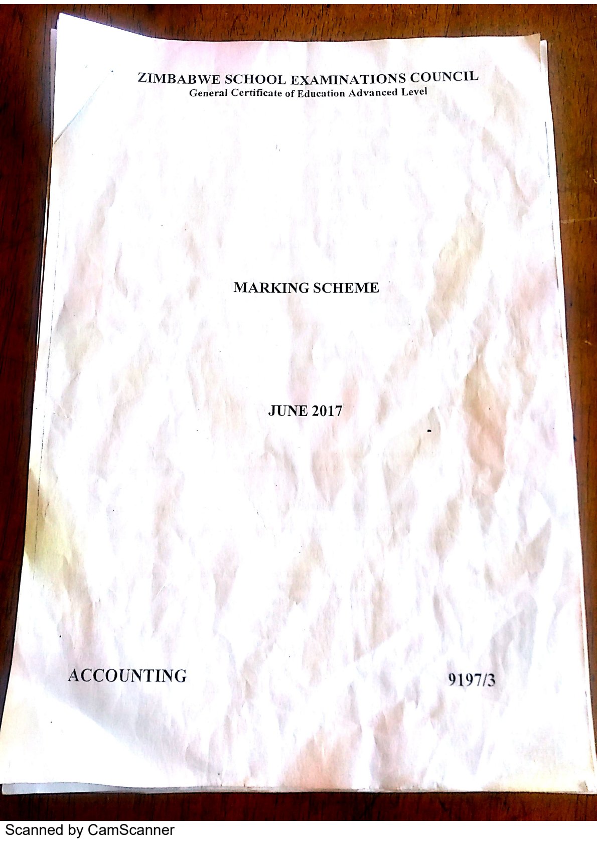 First page of ZIMSEC A-Level Principles of Accounts Paper 3 June 2017 Marking Scheme
