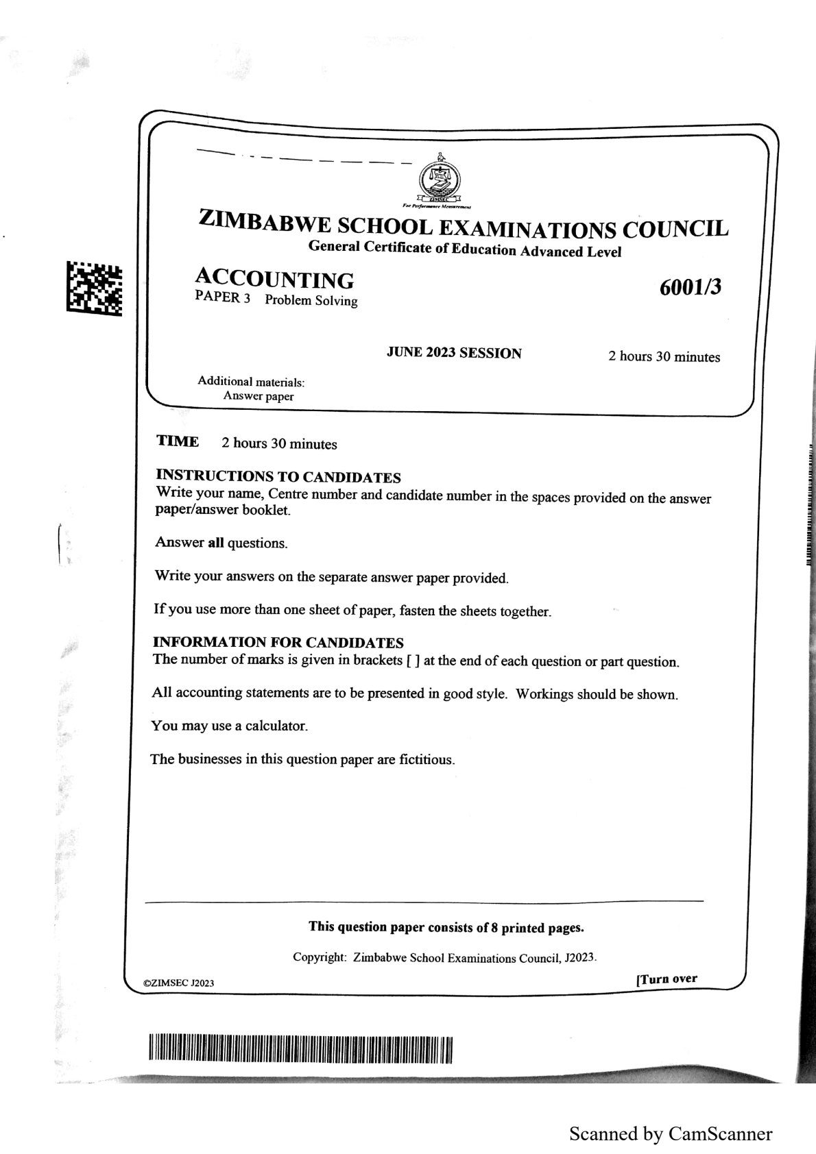 First page of ZIMSEC A-Level Principles of Accounts Paper 3 June 2023 Question Paper