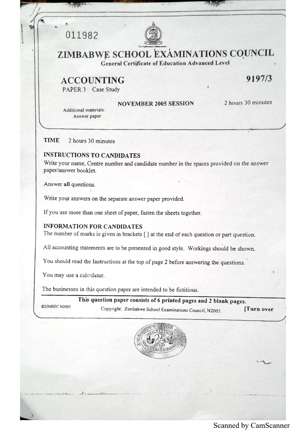 First page of ZIMSEC A-Level Principles of Accounts Paper 3 November 2005 Question Paper