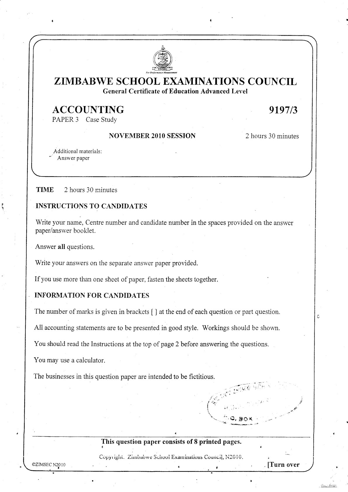 First page of ZIMSEC A-Level Principles of Accounts Paper 3 November 2010 Question Paper