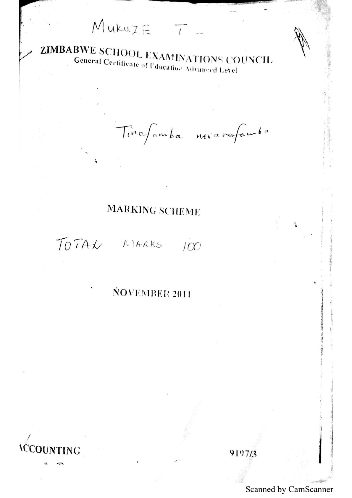 First page of ZIMSEC A-Level Principles of Accounts Paper 3 November 2011 Marking Scheme