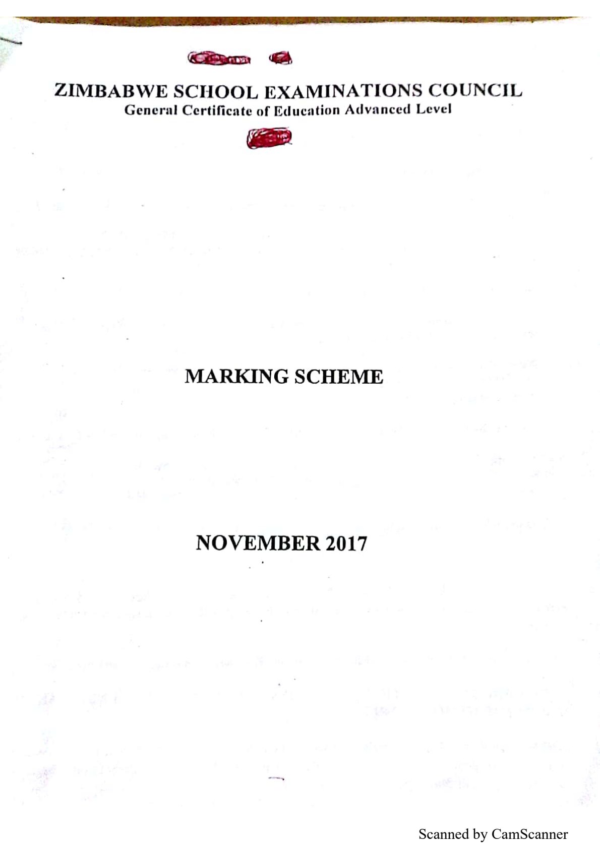 First page of ZIMSEC A-Level Principles of Accounts Paper 3 November 2017 Marking Scheme