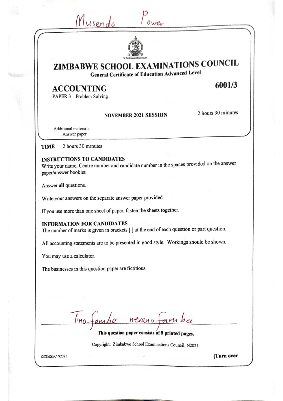 First page of ZIMSEC A-Level Principles of Accounts Paper 3 November 2021 Question Paper