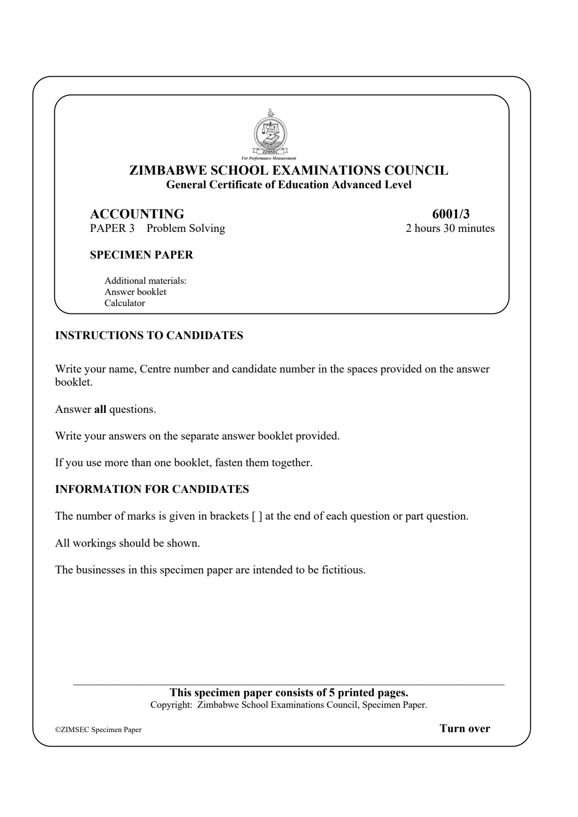 First page of ZIMSEC A-Level Principles of Accounts Paper 3 Question Paper