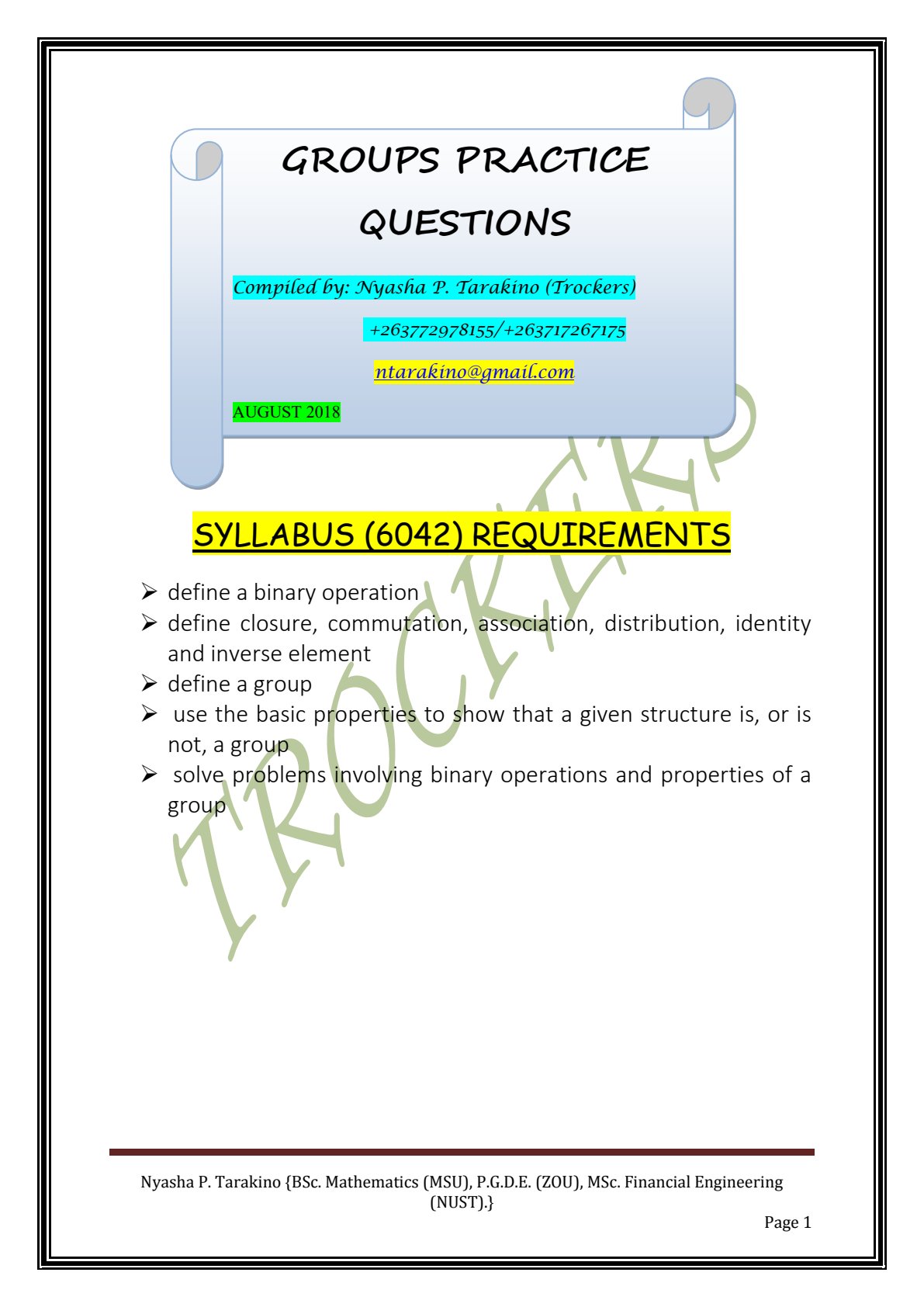 First page of ZIMSEC A-Level Pure Mathematics 2018 Study Guide