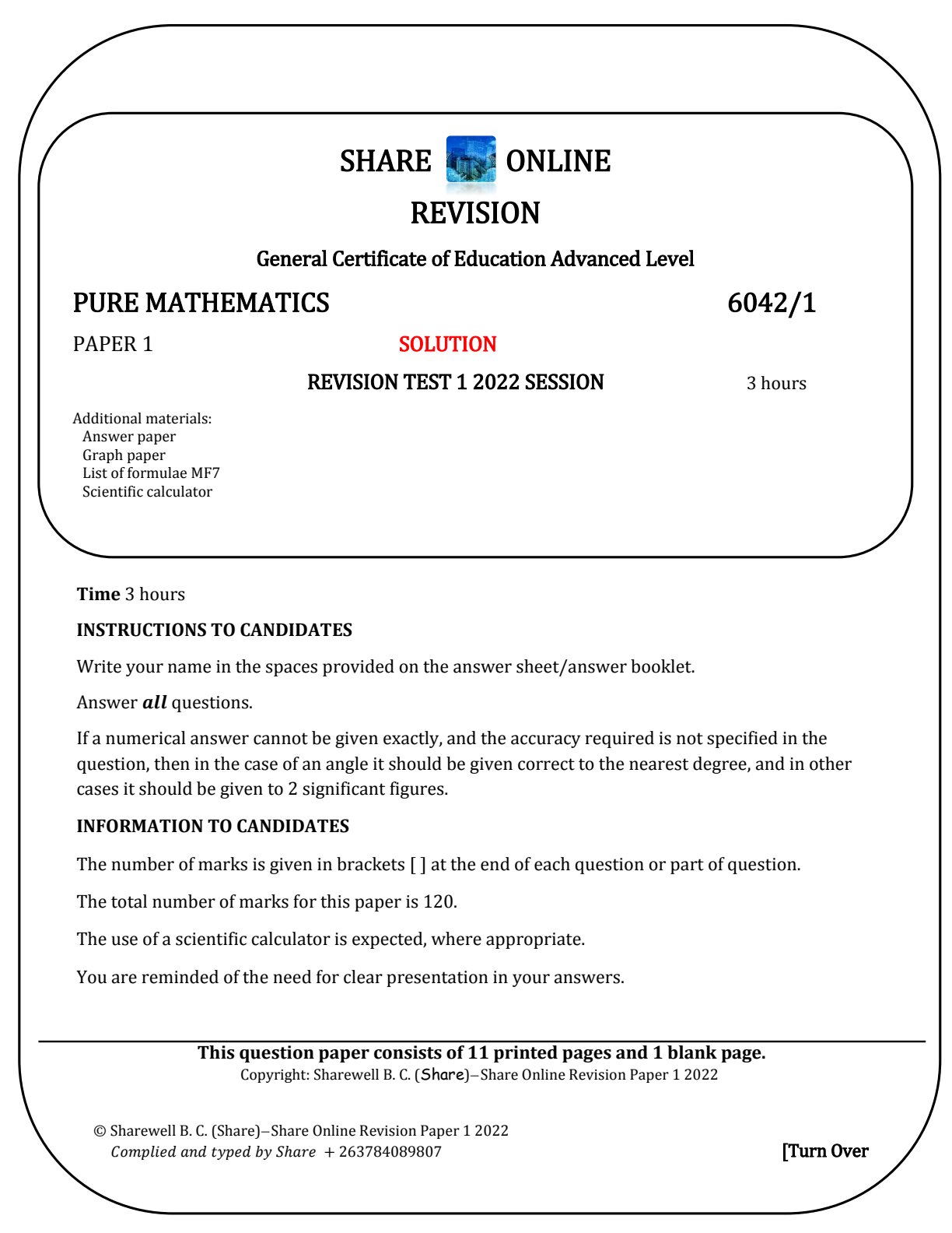 First page of ZIMSEC A-Level Pure Mathematics 2022 Study Guide