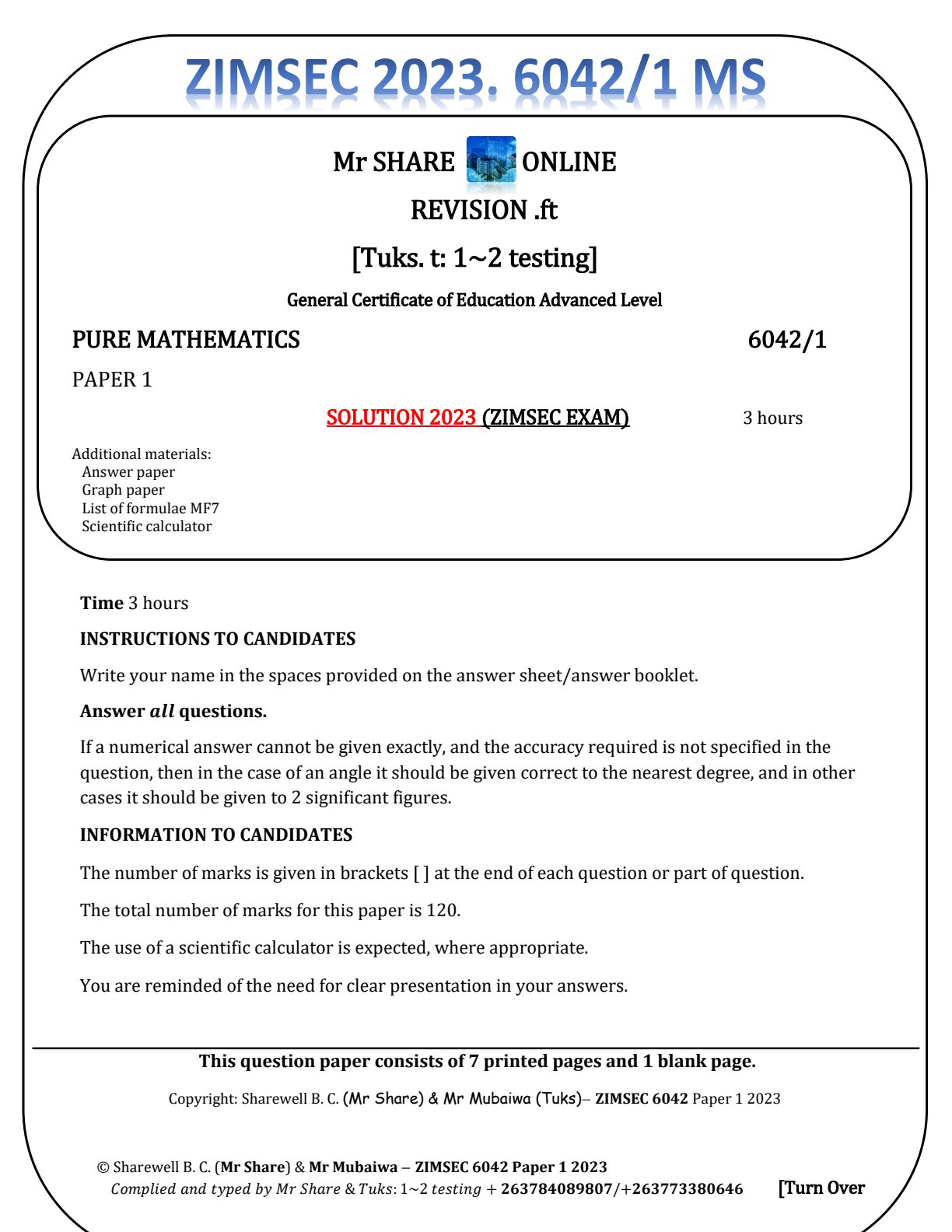 First page of ZIMSEC A-Level Pure Mathematics Paper 1 2023 Marking Scheme