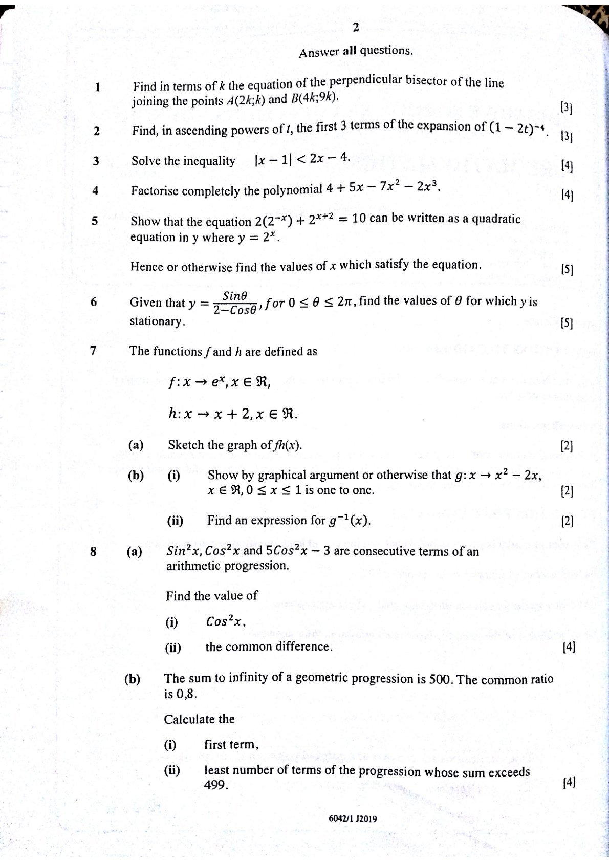 First page of ZIMSEC A-Level Pure Mathematics Paper 1 June 2019 Question Paper