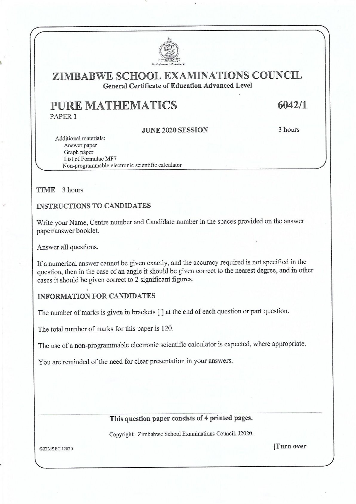 First page of ZIMSEC A-Level Pure Mathematics Paper 1 June 2020 Question Paper