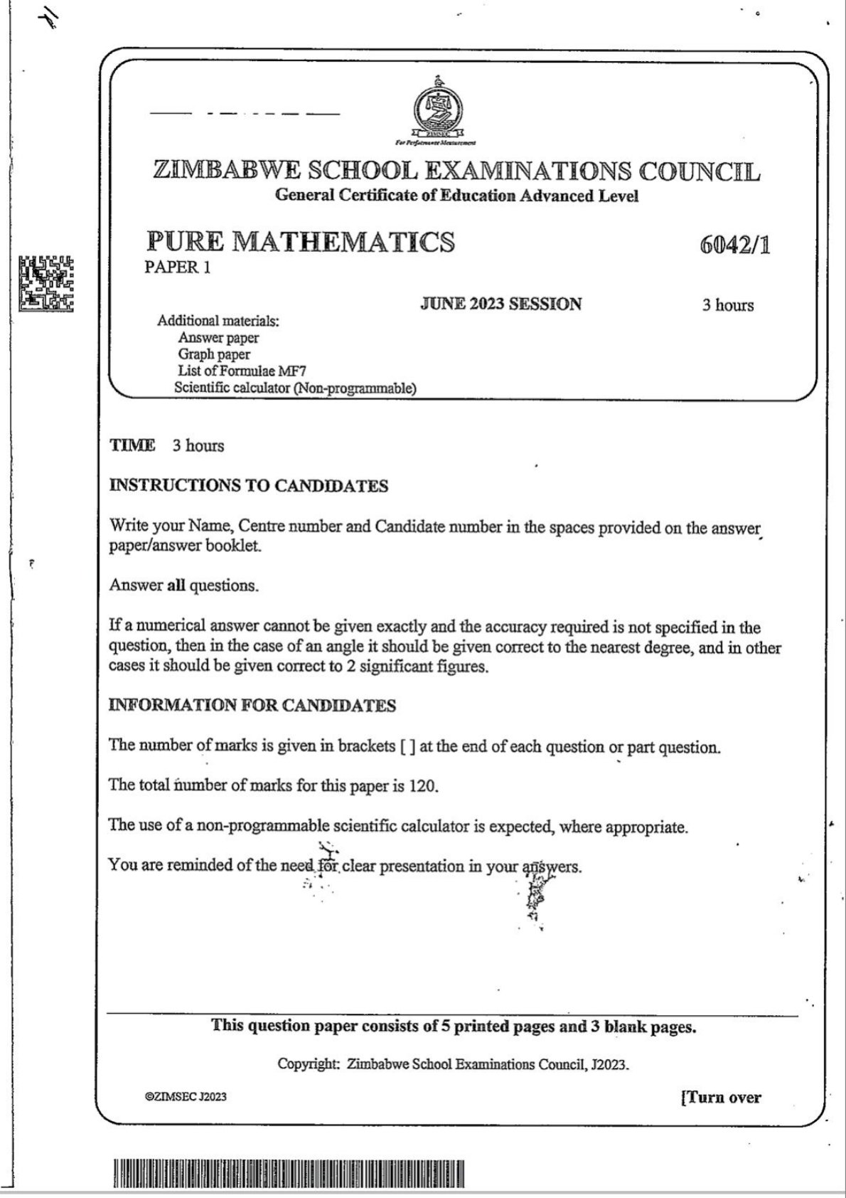 First page of ZIMSEC A-Level Pure Mathematics Paper 1 June 2023 Question Paper
