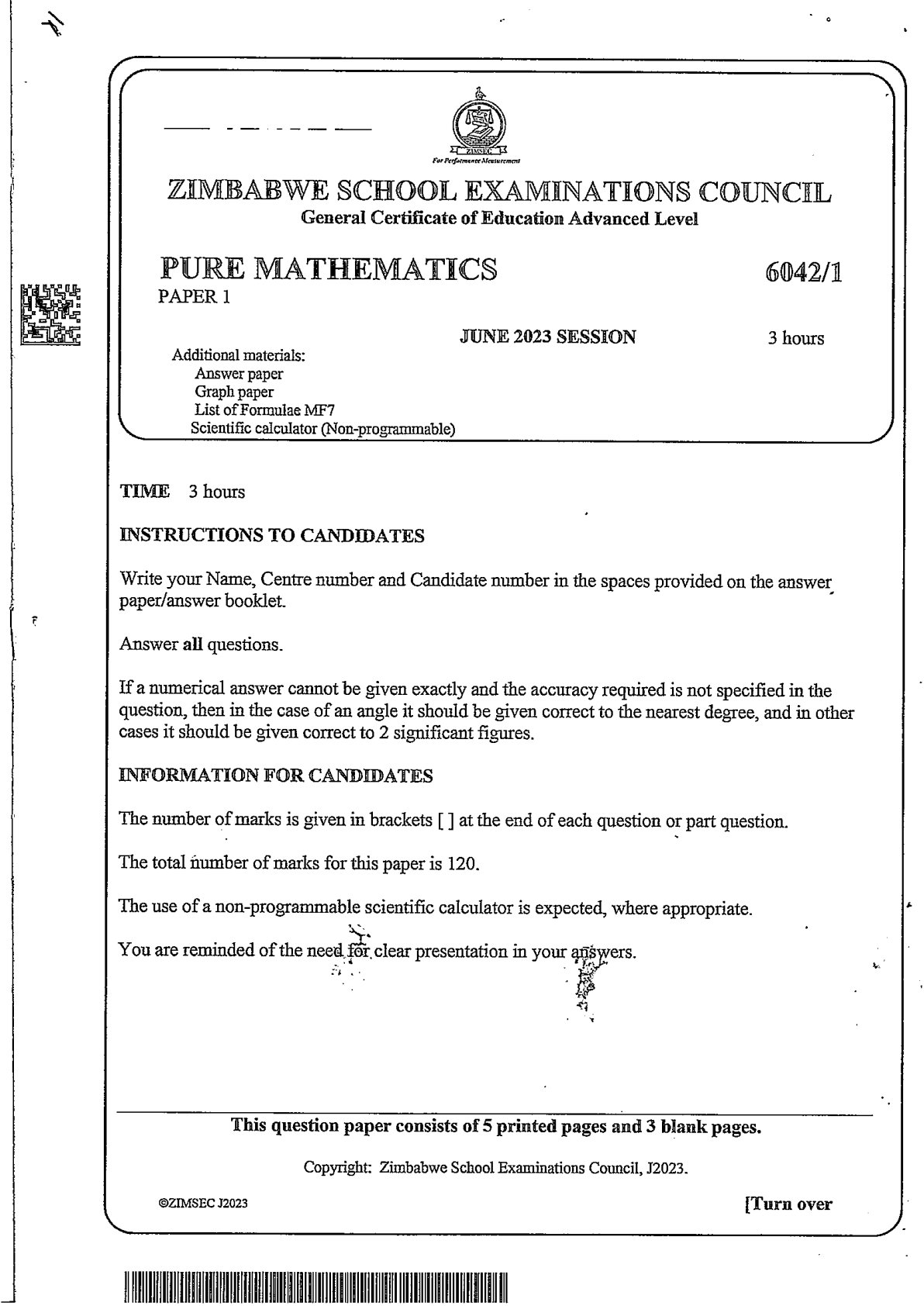 First page of ZIMSEC A-Level Pure Mathematics Paper 1 June 2023 Question Paper