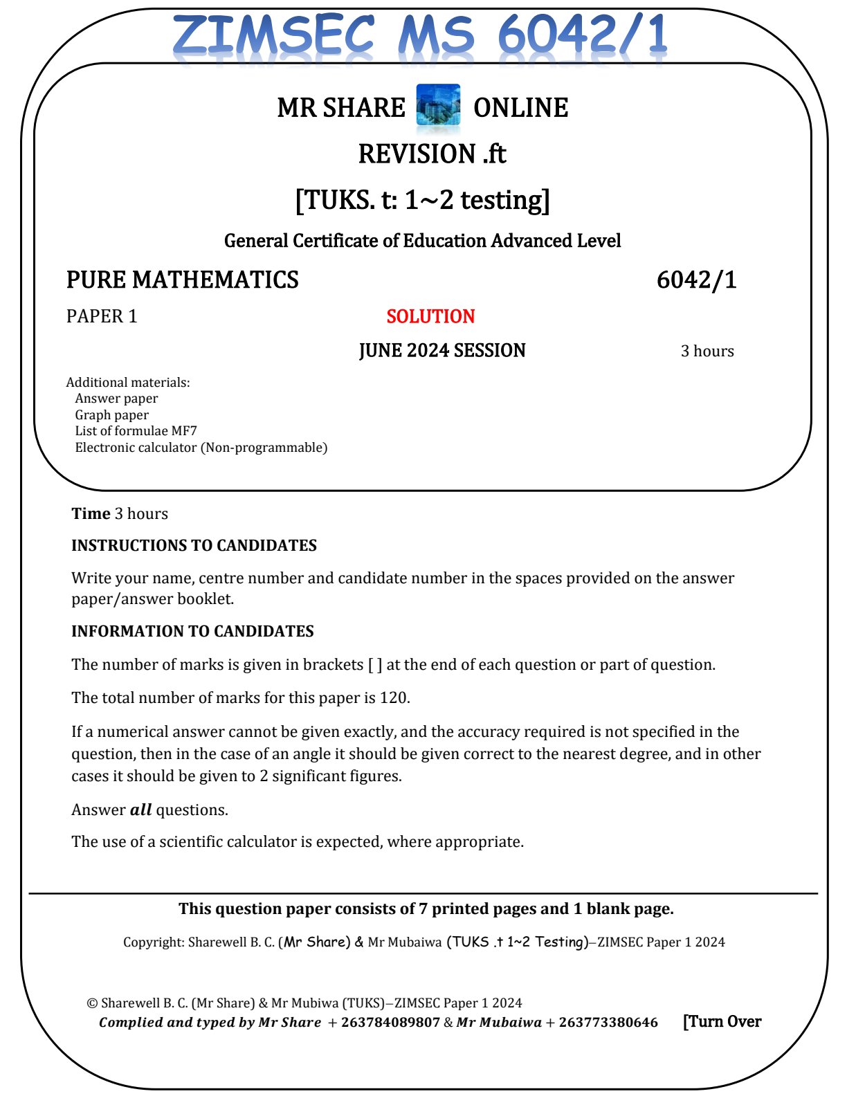 First page of ZIMSEC A-Level Pure Mathematics Paper 1 June 2024 Marking Scheme