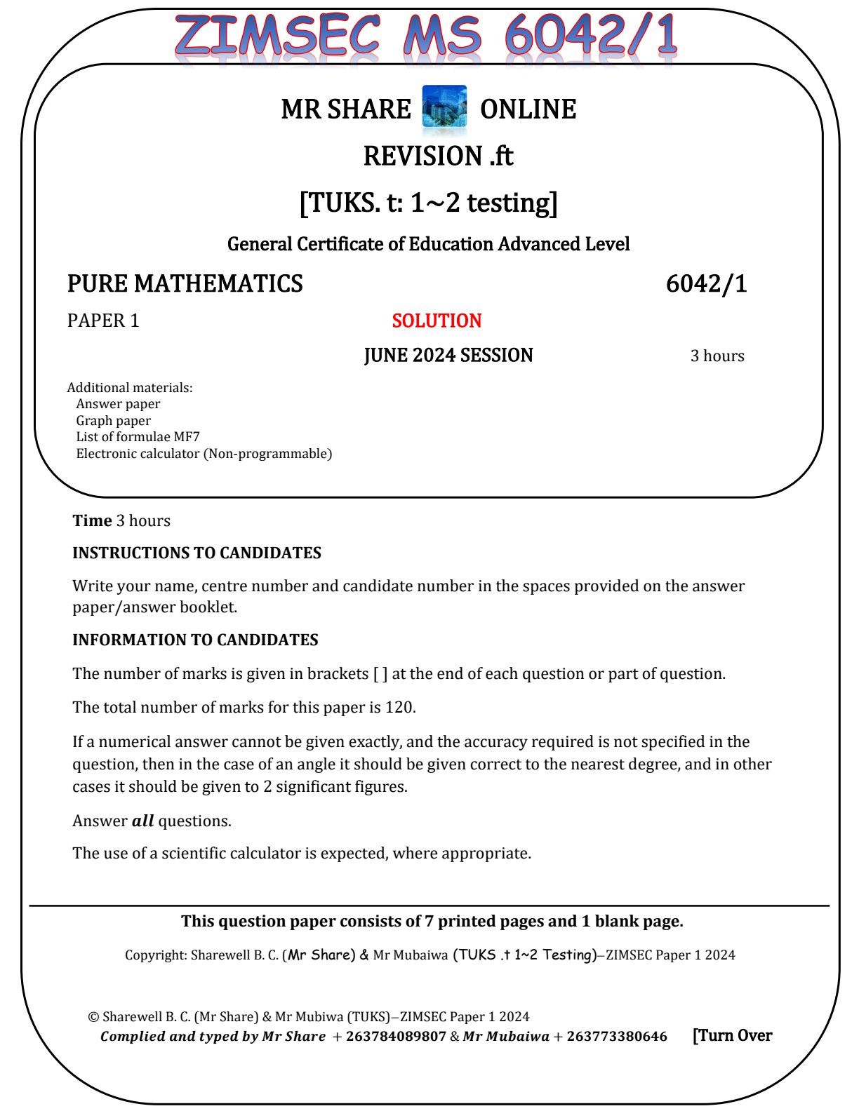 First page of ZIMSEC A-Level Pure Mathematics Paper 1 June 2024 Marking Scheme