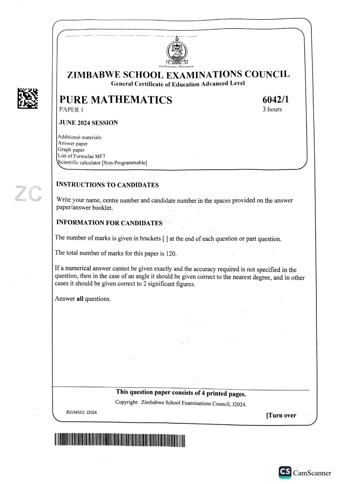 First page of ZIMSEC A-Level Pure Mathematics Paper 1 June 2024 Question Paper