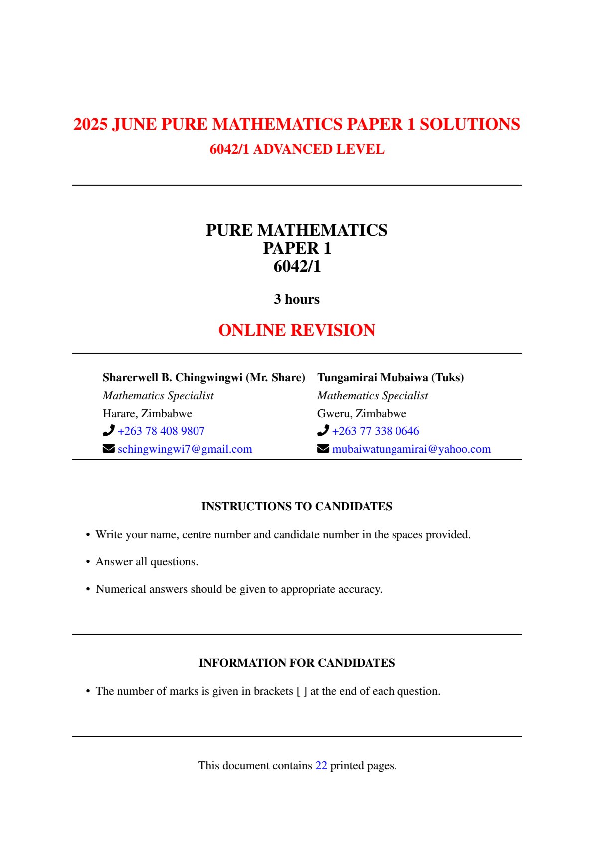 First page of ZIMSEC A-Level Pure Mathematics Paper 1 June 2025 Marking Scheme