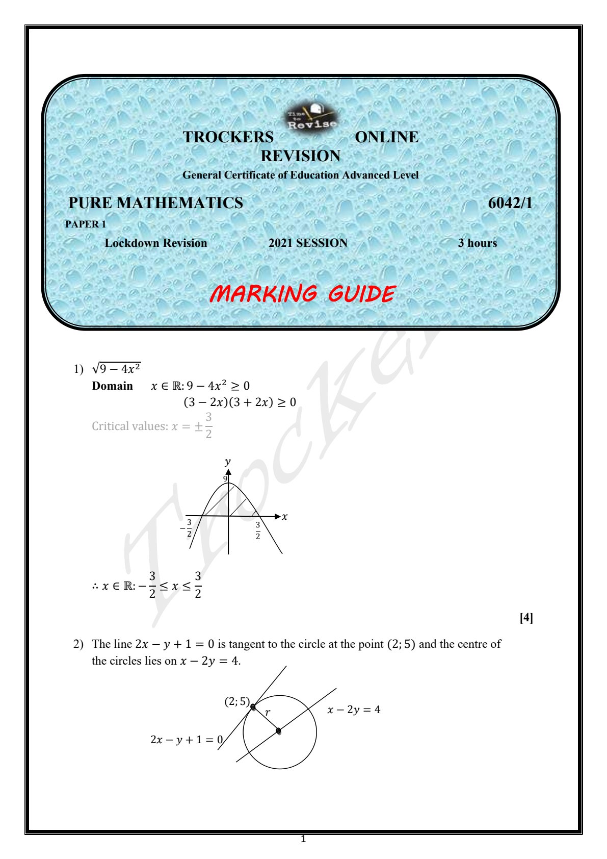 First page of ZIMSEC A-Level Pure Mathematics Paper 1 Lockdown Revision 2021 Marking Scheme