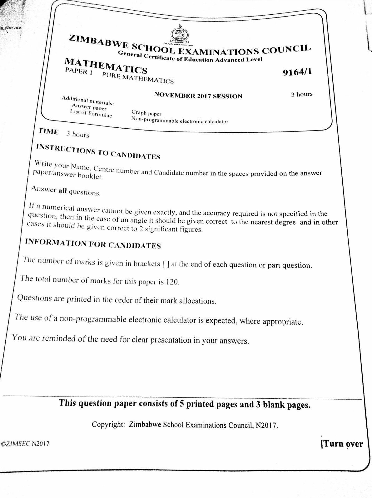 First page of ZIMSEC A-Level Pure Mathematics Paper 1 November 2017 Question Paper