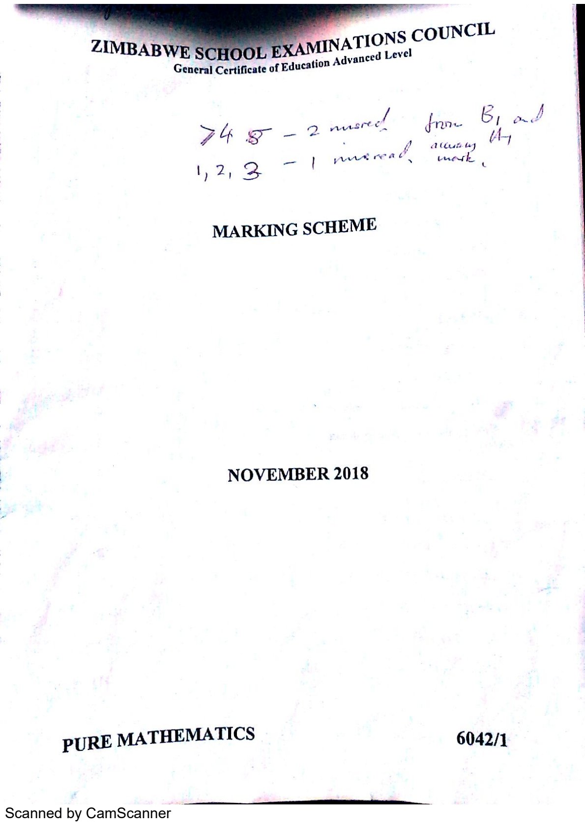 First page of ZIMSEC A-Level Pure Mathematics Paper 1 November 2018 Marking Scheme
