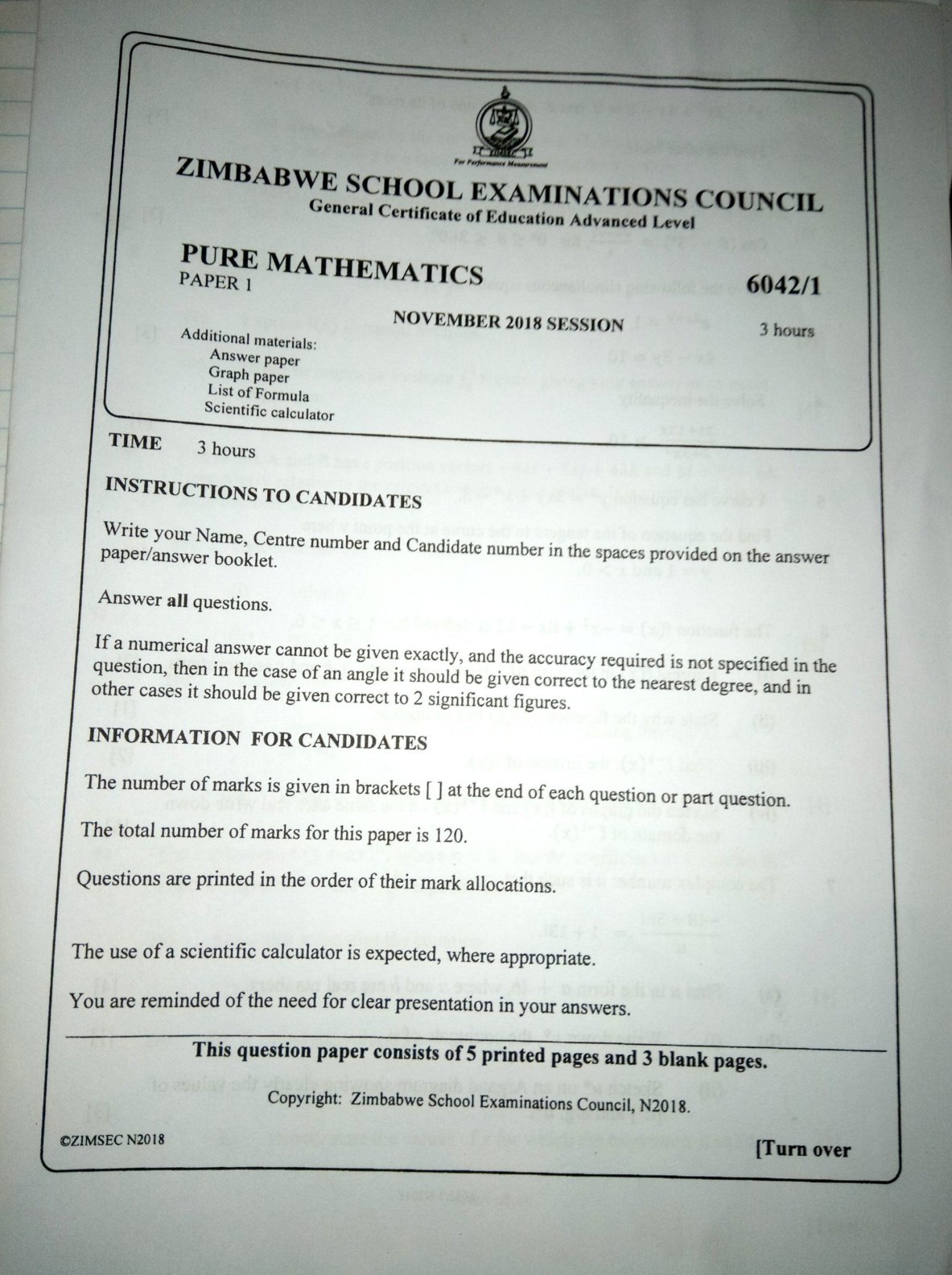 First page of ZIMSEC A-Level Pure Mathematics Paper 1 November 2018 Question Paper