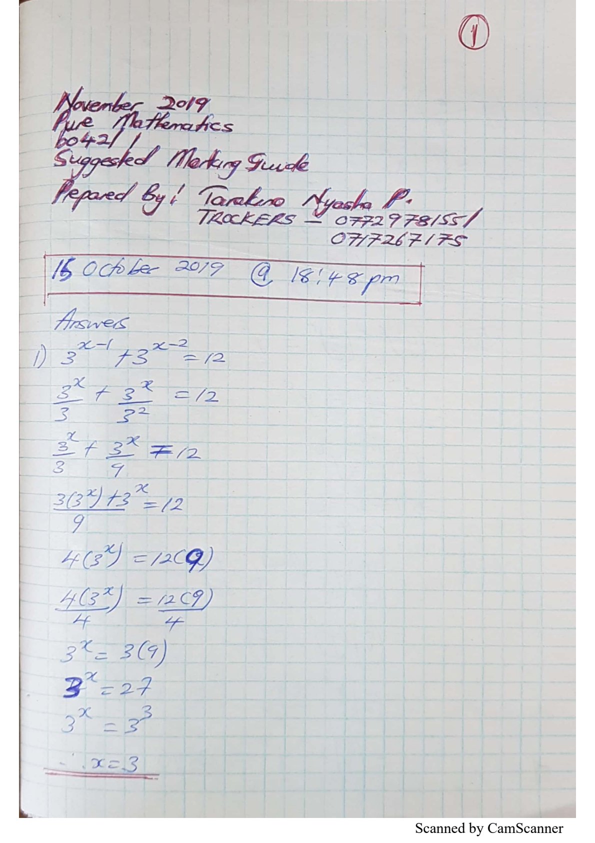 First page of ZIMSEC A-Level Pure Mathematics Paper 1 November 2019 Marking Scheme