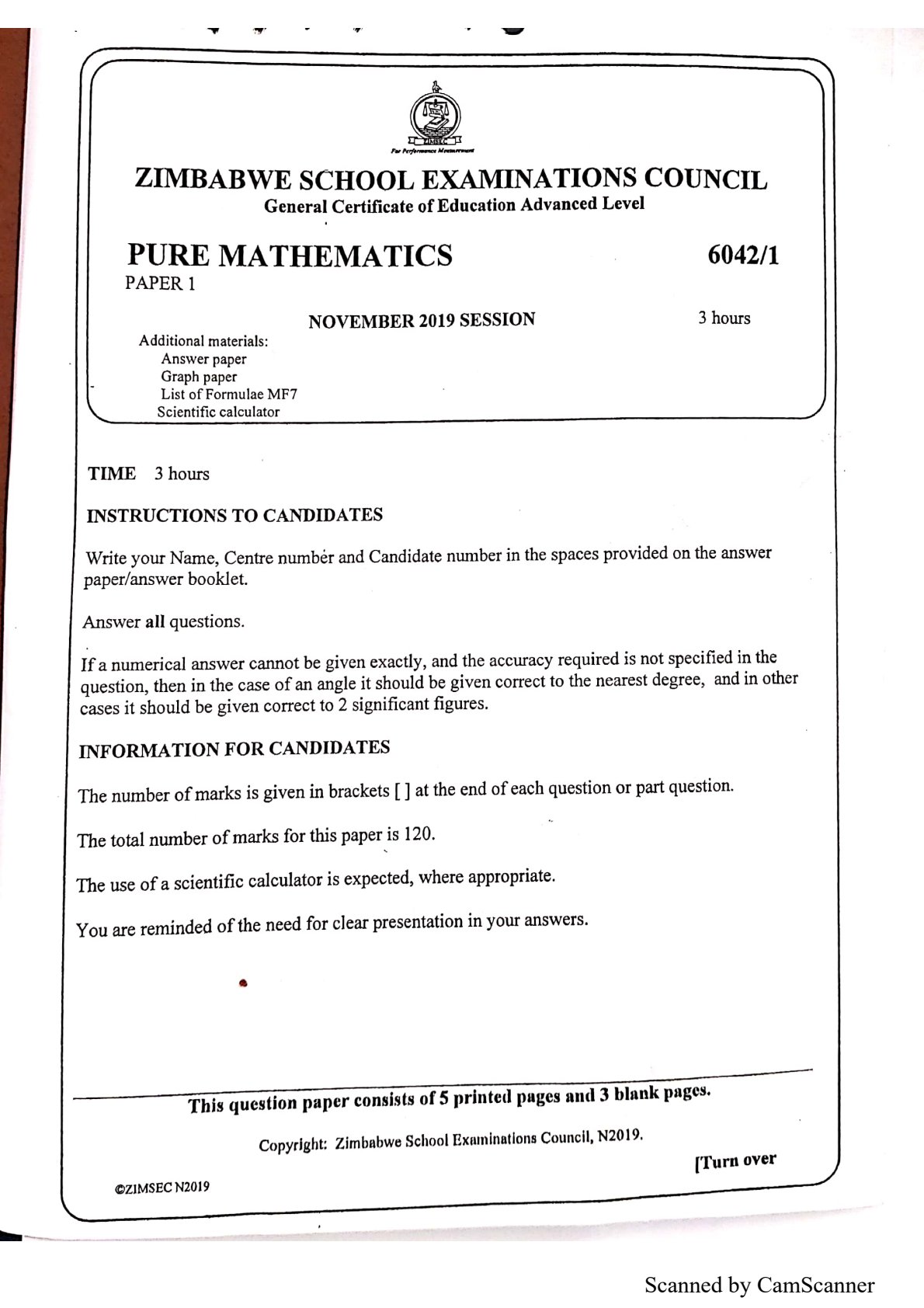 First page of ZIMSEC A-Level Pure Mathematics Paper 1 November 2019 Question Paper