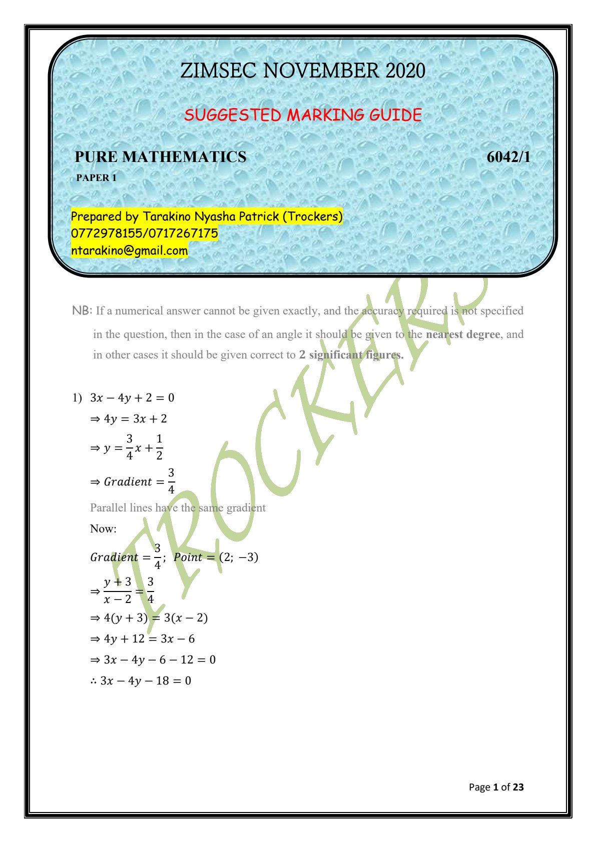 First page of ZIMSEC A-Level Pure Mathematics Paper 1 November 2020 Marking Scheme