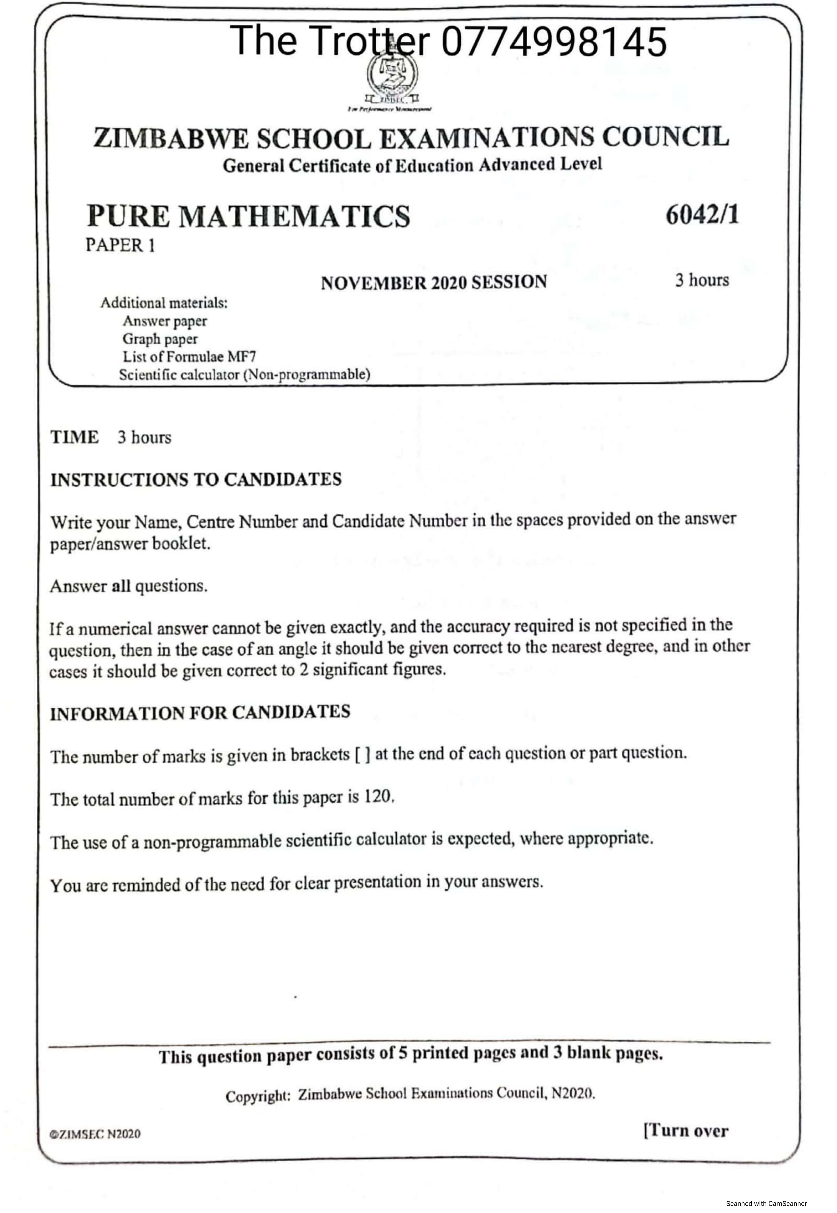 First page of ZIMSEC A-Level Pure Mathematics Paper 1 November 2020 Question Paper