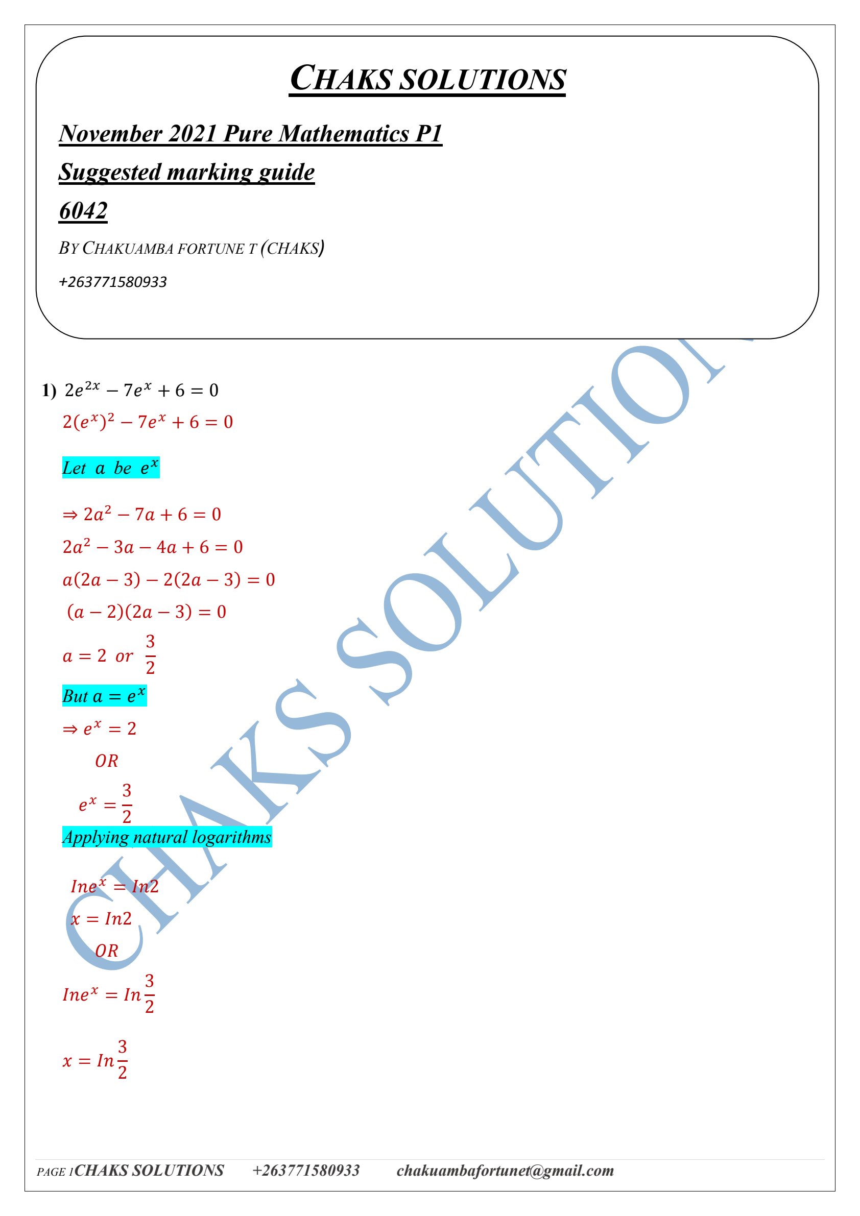 First page of ZIMSEC A-Level Pure Mathematics Paper 1 November 2021 Marking Scheme