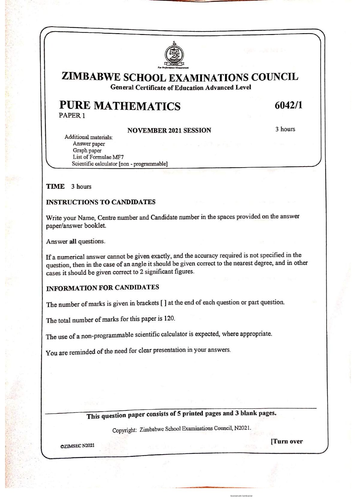 First page of ZIMSEC A-Level Pure Mathematics Paper 1 November 2021 Question Paper