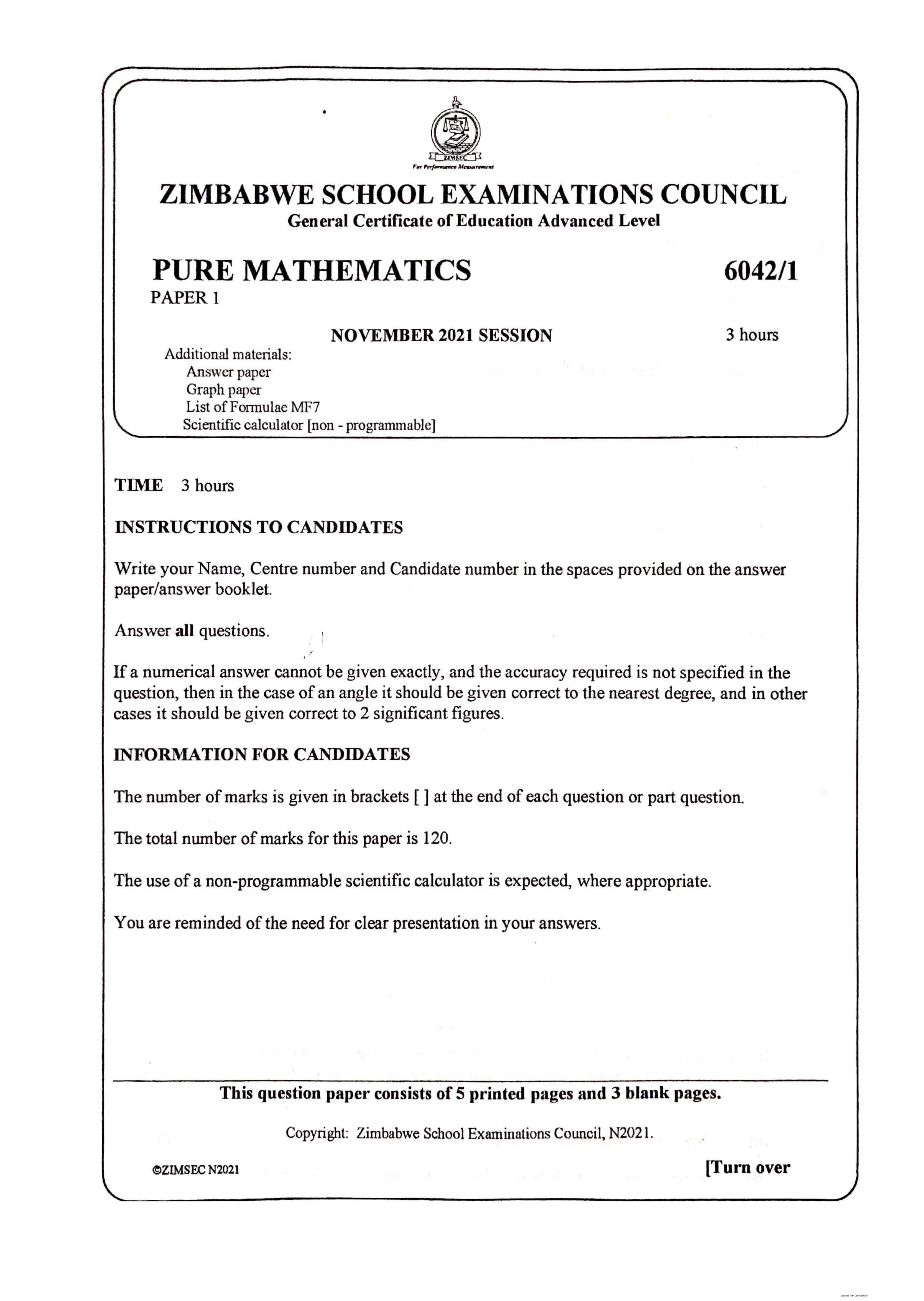 First page of ZIMSEC A-Level Pure Mathematics Paper 1 November 2021 Question Paper