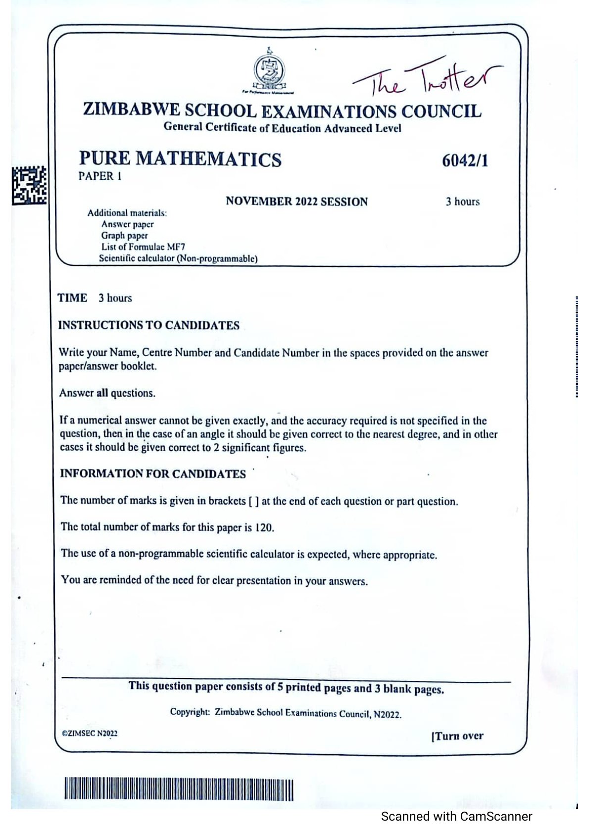 First page of ZIMSEC A-Level Pure Mathematics Paper 1 November 2022 Question Paper